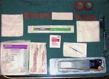 FIGURE 45.12, Additional supplies recommended for patient-specific Mohs tray. Brown hypoallergenic tape with patient label affixed, on which allergies/other warning information can be recorded (i.e., to use battery-operated electrocautery if patient has a pacemaker); alcohol pads; povidone-iodine; 4 × 4 gauze; surgical marking pen; surgical light holders; electrosurgical apparatus; and dental syringe.