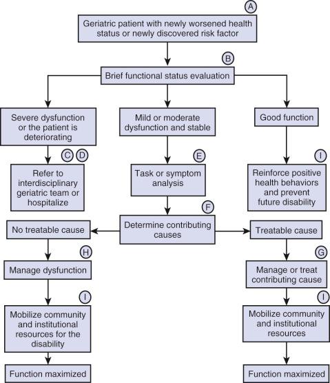 Figure 34-2, Evaluating and treating health status deterioration among geriatric outpatients. A, Older adults with a new deterioration in health status or newly discovered risk factor(s) may need geriatric assessment. Examples of patients needing assessment include the following: (1) frail older adults with a new functional disability or risk factor for deterioration detected on routine screening; (2) older adults with a new or worsened medical complaint or laboratory finding (e.g., “I fell last week” or x-ray that revealed a new vertebral compression fracture); (3) older adults with a new or worsened functional disability complaint (“I can't go to church because of my health”). B, Brief functional status evaluation should include the following: (1) activities of daily living (ADLs) 13 14 15 24 ; (2) instrumental activities of daily living (IADLs) 14 24 ; (3) mental status (e.g., Folstein Mini-Mental State Examination) 19 ; (4) affective status (e.g., Yesavage Geriatric Depression Scale) 21 22 23 ; C, Full multidimensional geriatric assessment and/or hospitalization is necessary for older patients with new severe or progressive functional disability. D, Targeted assessment for patients in office practice is appropriate for the following: (1) patients whose functional disabilities or medical problems are mild enough to make multiple appointments feasible; (2) patients whose disability is stable enough to permit assessment over weeks to months. E, To perform task or symptom analysis, select the patient's major symptom or disability or chief complaint (the one that bothers him or her the most, the disability on which resolution of other health problems depends, or the one that is the most treatable). Then determine the exact maneuvers necessary to complete the task or the exact components of the symptom (e.g., difficulty getting dressed due to difficulty putting on shoes because of inability to bend or difficulty with housework because of failure to complete tasks despite adequate physical ability to perform them). F, To determine contributing causes, the following should be carried out: (1) perform a targeted history, guided by the functional disabilities detected and by the known common occult causes of disability in older adults (see text); (2) perform a targeted physical examination, always including postural blood pressure changes, vision and hearing screening, observations of gait (at least, get up, walk 25 feet, turn around, sit down). Determine all specific physical disabilities, such as hip flexor weakness or poor hand mobility, that explain the observed functional disability. G, Manage or treat contributing cause(s). Begin appropriate medical treatments and evaluations. Mobilize community and institutional resources as appropriate (e.g., low-vision resources for blindness, Alcoholics Anonymous for alcoholics). Identify key members of the multidisciplinary team and refer as needed (e.g., social worker for social isolation, physical therapist for gait disorder, psychiatrist for depression). H, When the disability cannot be reversed, maximize function using available services and behavioral or physical adaptation. For example, rearranging schedule to maximize activity, providing adaptive devices, or arranging for home support services might be indicated. I, Always reinforce positive health behaviors.