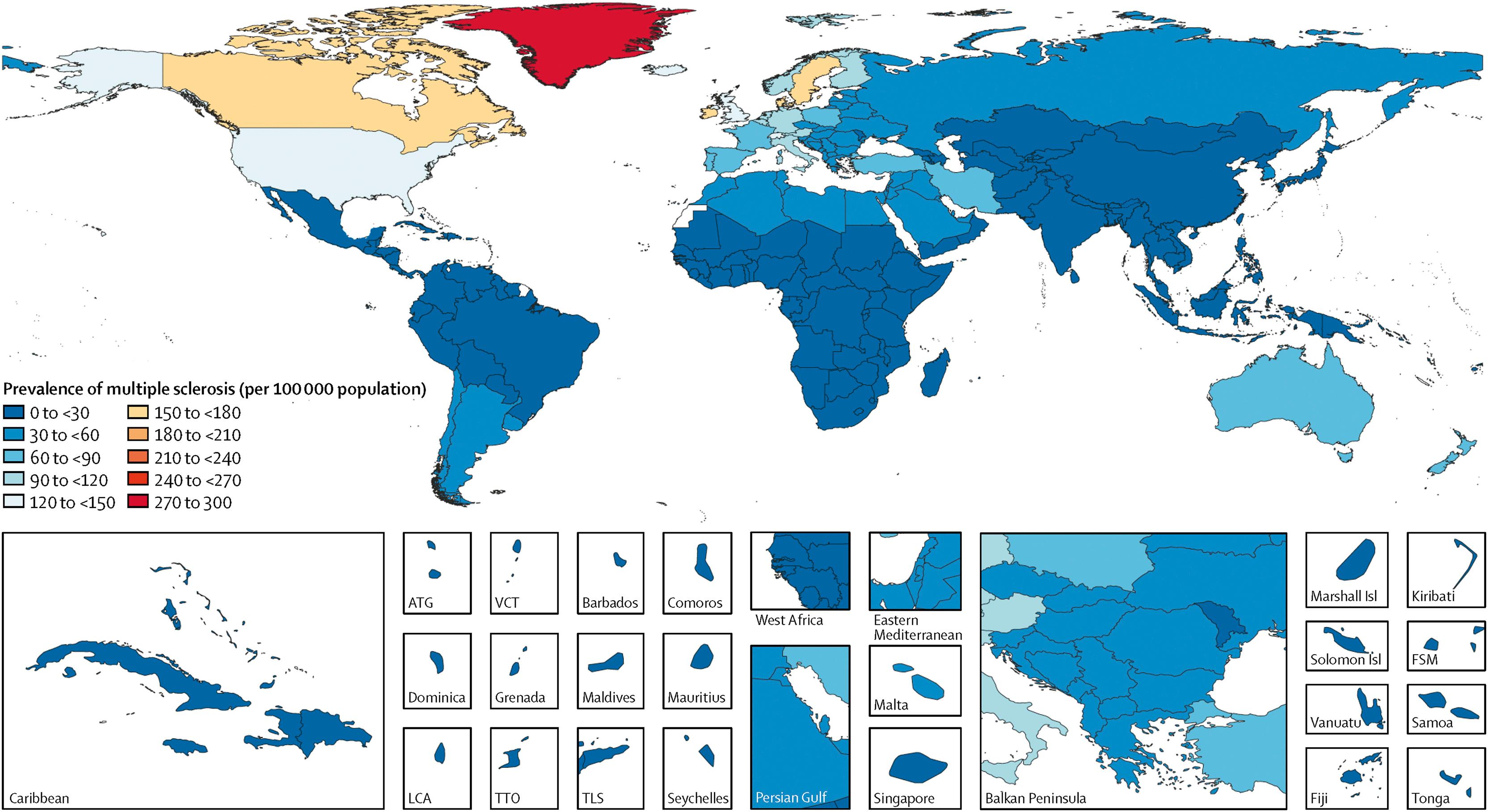 Fig. 80.7, Worldwide distribution of multiple sclerosis as of 2016.