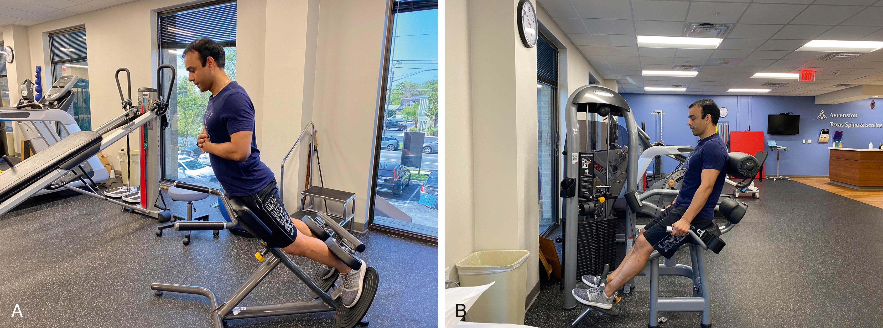 Fig. 7.2, Muscle hypertrophy through the “training” effect. A, Roman chair. B, Lumbar extension.