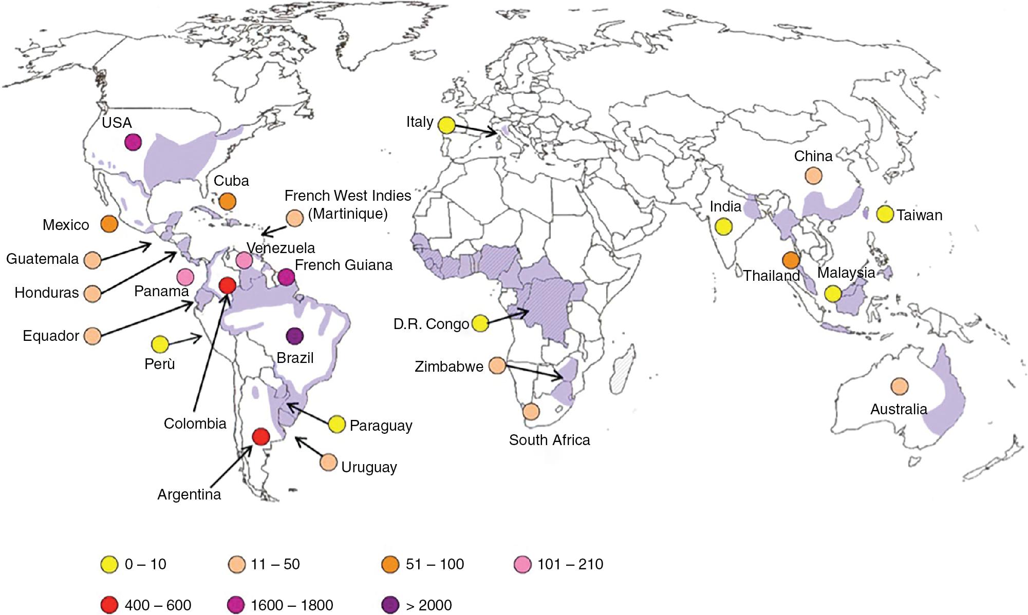 FIGURE 87.4, Geographic distribution of histoplasmosis in the world; the shadowed areas in Africa represent endemicity of African histoplasmosis. The circles indicate the number of published cases of autochthonous AIDS-associated Histoplasma infections.