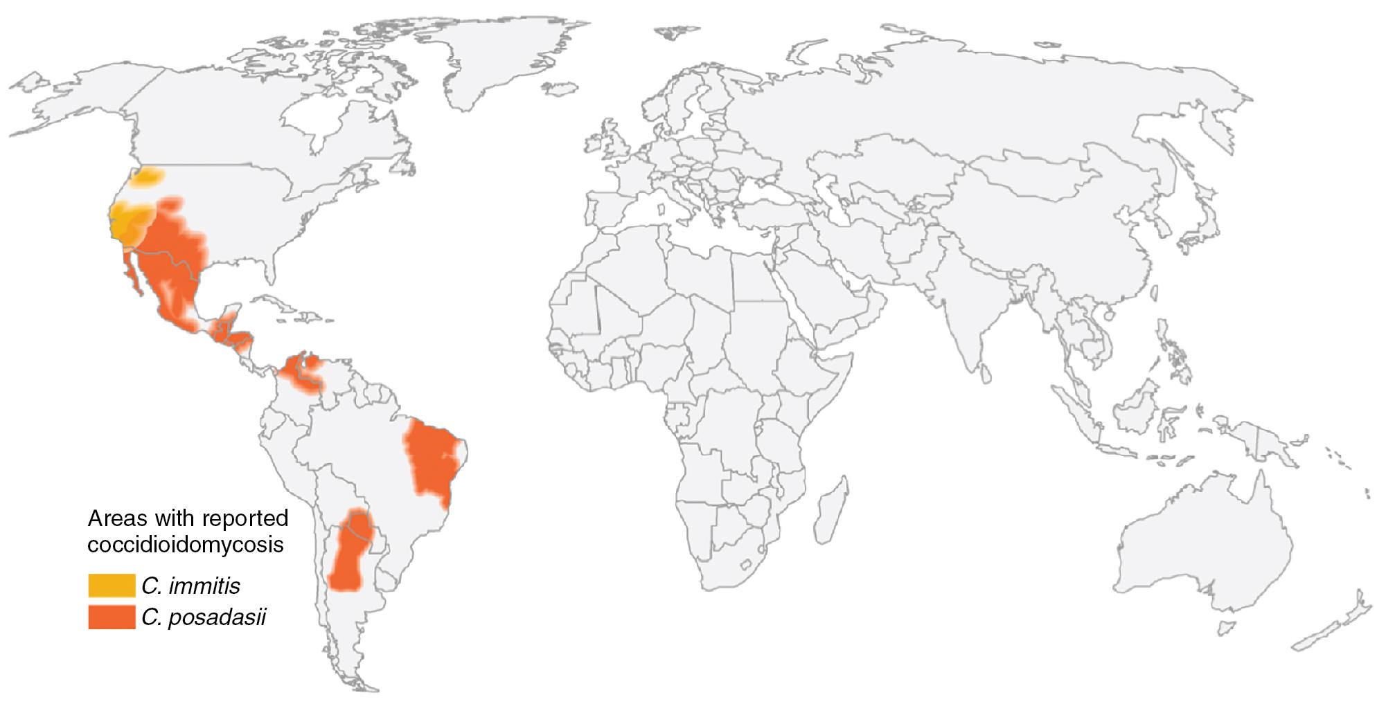 FIGURE 87.5, Geographic distribution of coccidioidomycosis in Latin America and the United States.