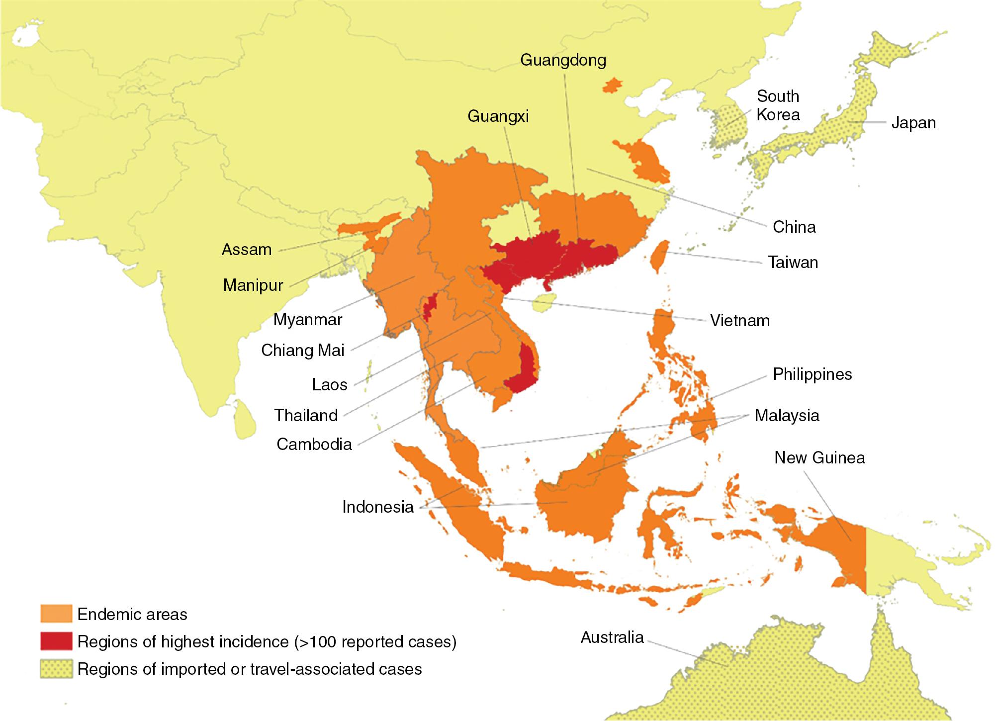 FIGURE 87.6, Geographic distribution of infections due to Talaromyces marneffei in Southeast Asia.