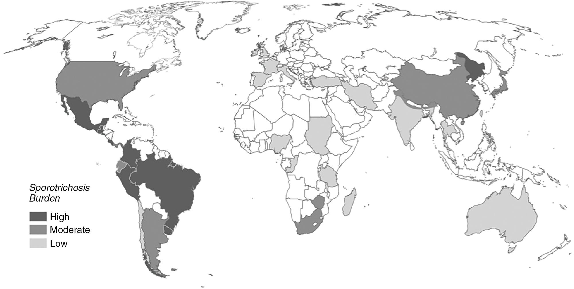 FIGURE 87.7, Geographic distribution and relative burden of sporotrichosis in the world.