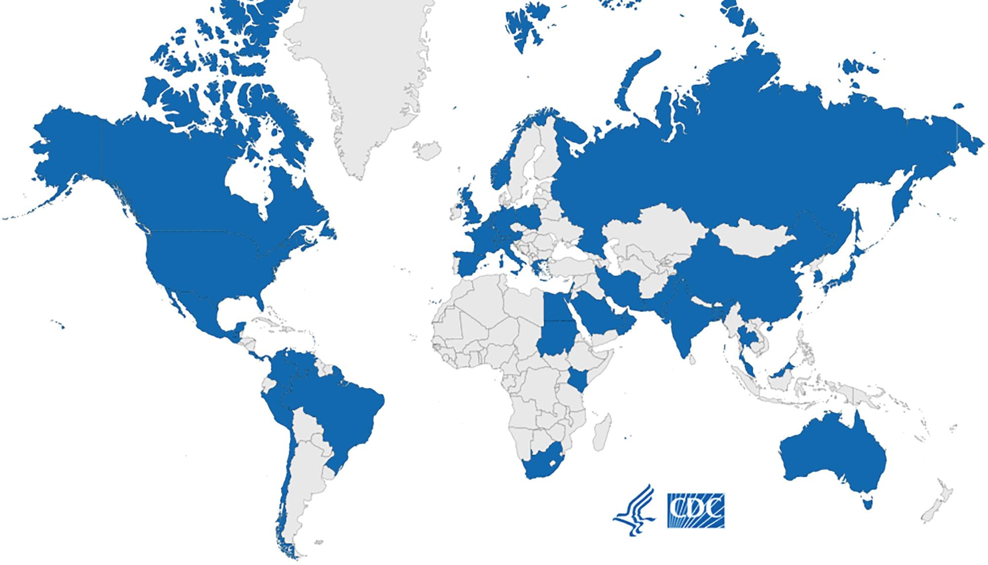 FIGURE 87.8, Countries from which Candida auris cases have been reported, as of February 15, 2021. ( https://www.cdc.gov/fungal/Candida-auris/Accessed December 1, 2021.)