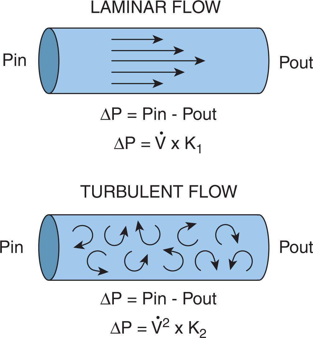 Fig. 39.2, Gas flow ( V. ) through tubular structures occurs only in the presence of a pressure ( P ) gradient (Pin > Pout). For laminar flow, P is directly proportional to V. : Δ P = ( V. × 8 × L × μ )/( π × r 4 ). In this case the constant of proportionality ( K 1 ) is directly related to the length of the airway ( L ) and the viscosity of the gas ( μ ) and is indirectly proportional to the fourth power of the radius of the airway ( r ). When flow exceeds the critical velocity, its pattern changes from laminar to turbulent. For turbulent flow, Δ P is proportional to V. 2 . The constant of proportionality ( K 2 ) is directly proportional to the length of the airway and the density of the gas and inversely proportional to the fifth power of the radius of the airway.