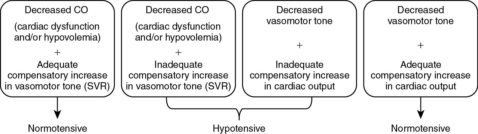 Fig. 15.5, Pathophysiology of neonatal cardiovascular compromise in primary myocardial dysfunction and primary abnormal vascular tone regulation with or without compensation by the unaffected other variable. This figure illustrates why blood pressure can remain in the “normal” range when there is appropriate compensatory increase in either vasomotor tone or cardiac output. In the hypotensive scenarios, there is inadequate compensatory increase in these variables. CO , Cardiac output.