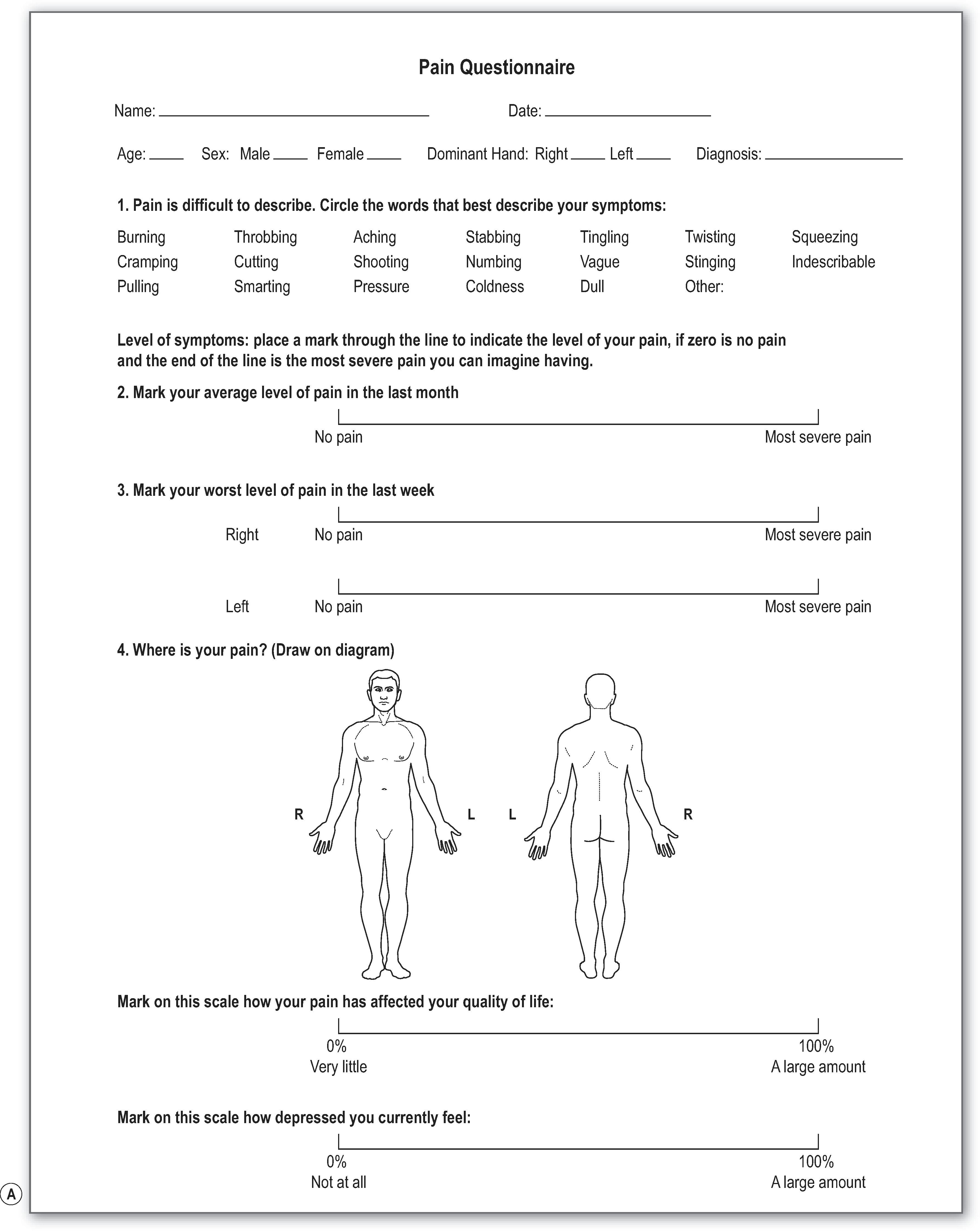 Figure 26.3, (A-D) The pain questionnaire is a valuable tool for qualifying and quantifying patient pain and the impact their injury is having on their life. This has uses both in obtaining baseline information, and also in tracking progress as patients recover. This questionnaire is filled out by every nerve patient at each office visit.