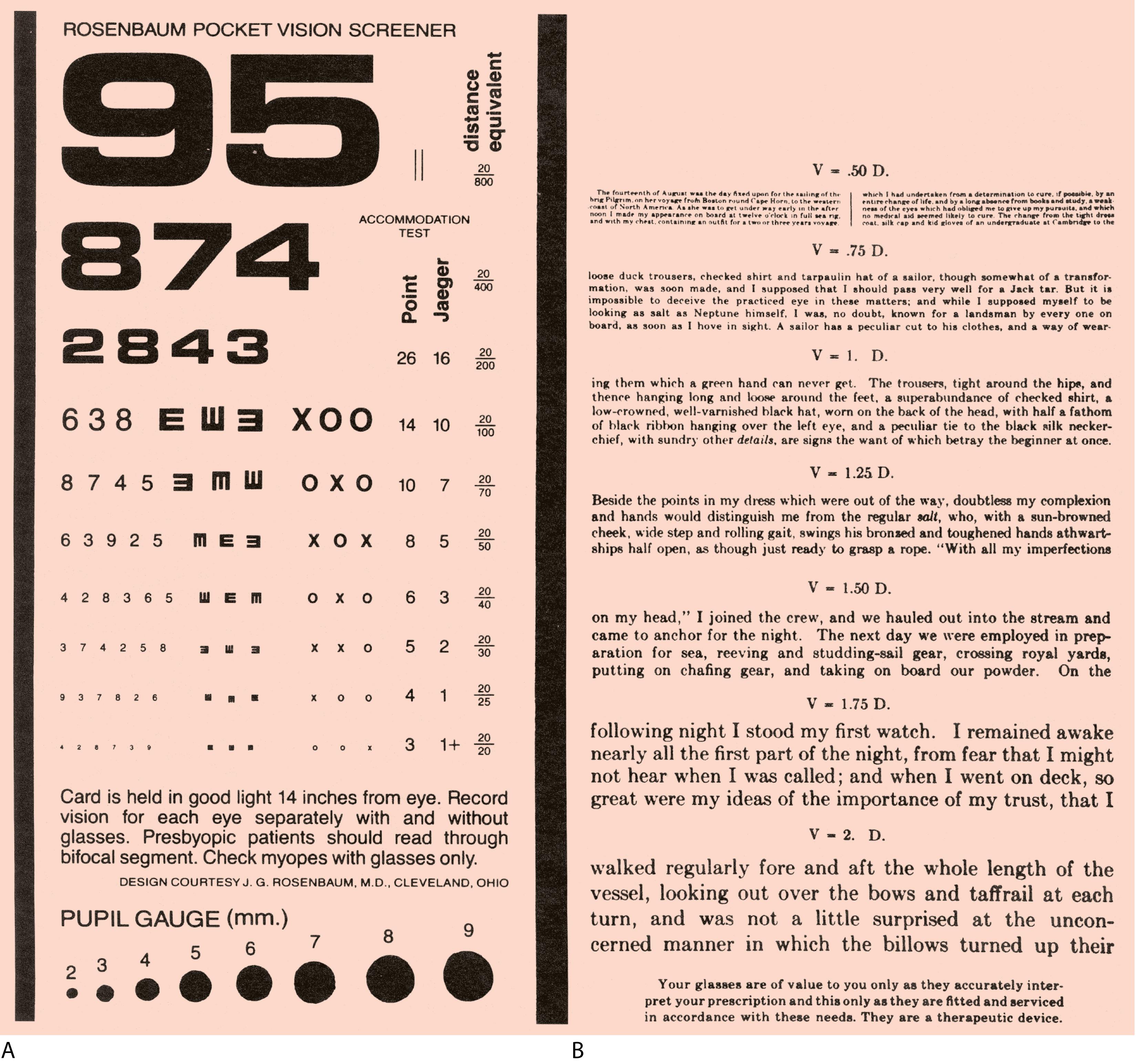 Fig. 16.4, A, Rosenbaum-style near vision card. B, Near vision card with written text.