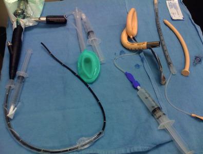 Figure 5.3, Preparation for anticipated difficult airway with fiberoptic bronchoscope; laryngeal mask airways (classic and intubating).