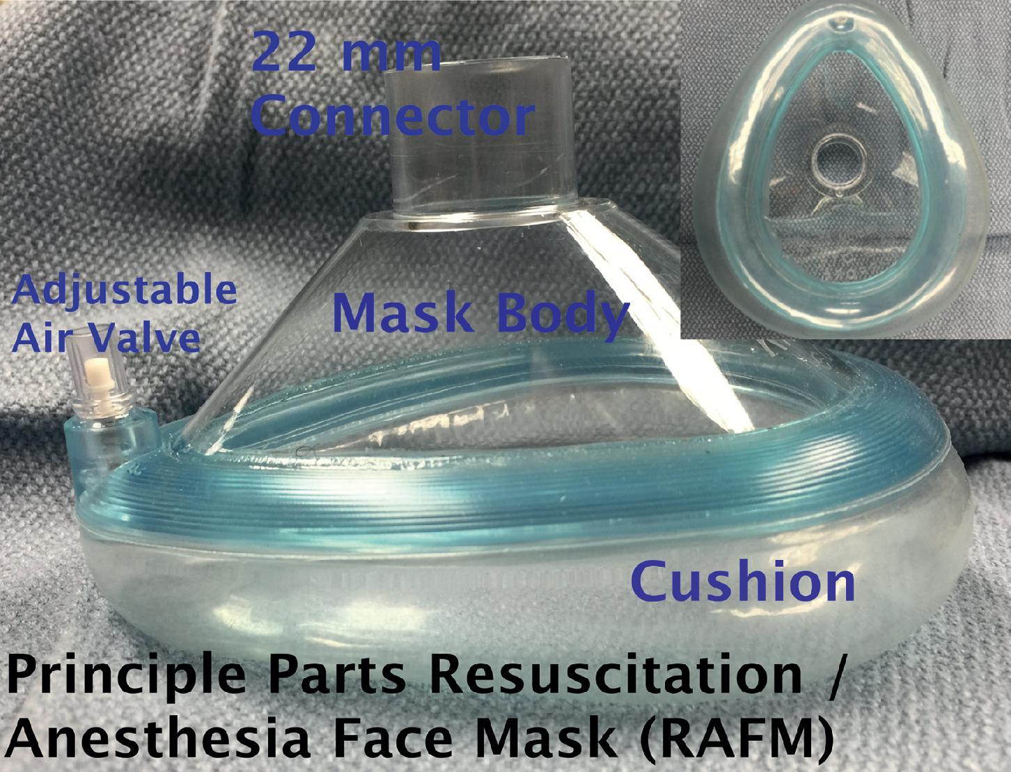 Fig. 18.6, Resuscitation/anesthesia face mask (RAFM): anatomy of the principal parts (from superior to inferior). (1) 22-mm female connector; (2) mask body (transparent)—connects 22-mm female connector to mask skirt; (3) Mask skirt (or cushion)—interfaces mask with the face of the patient. Mask skirt can possess an adjustable air valve to tailor the fit to the patient.