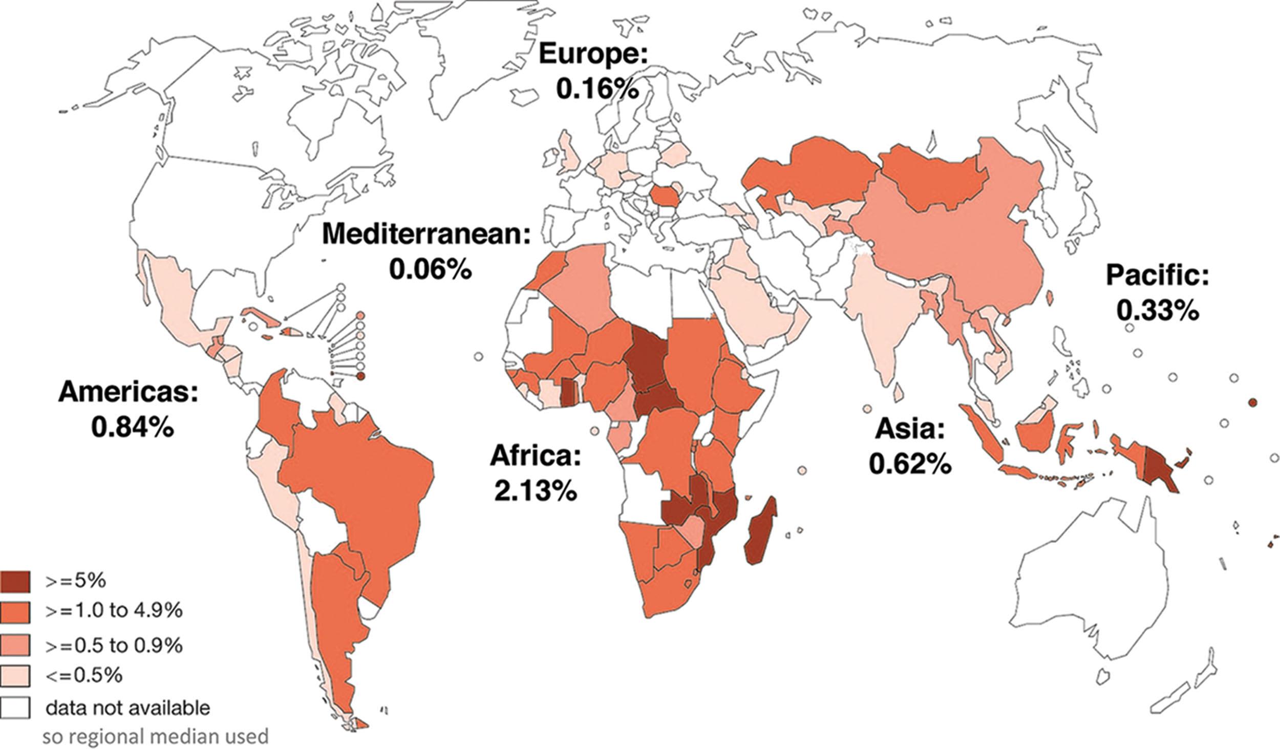 Fig. 11.3, Syphilis seropositivity among antenatal care attendees reported by countries through the WHO HIV Universal Access reporting system in 2008 or 2009, and regional median for non-reporting countries.