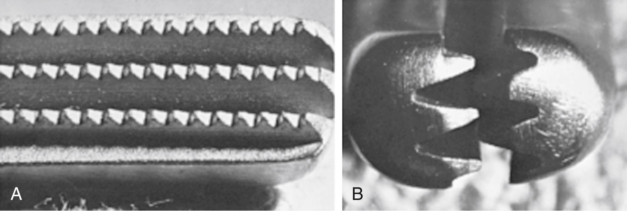 eFigure 61.11, ( A and B ) Jaw of DeBakey vascular clamp.