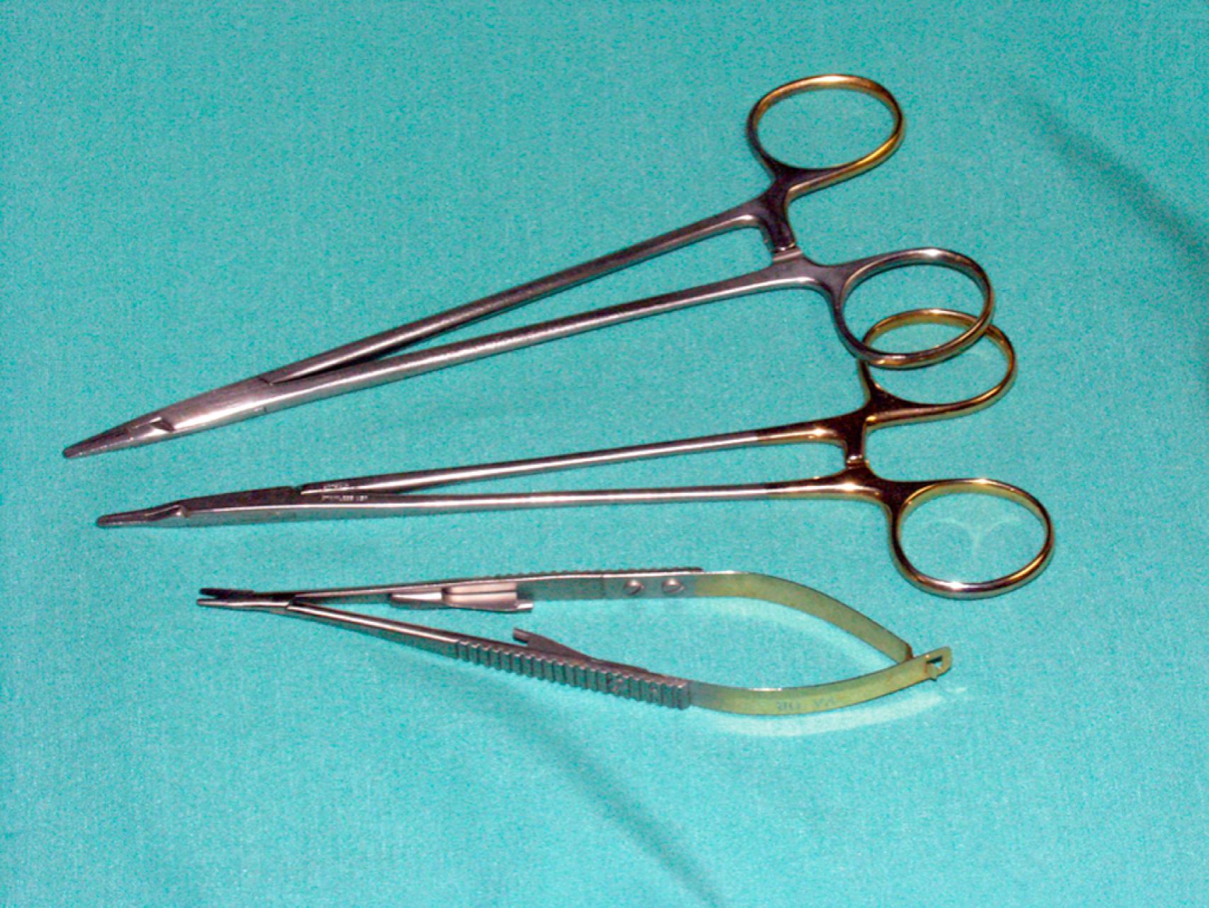 eFigure 61.13, Bottom to top, Castroviejo, Ryder, and Mayo–Hegar needle holders.