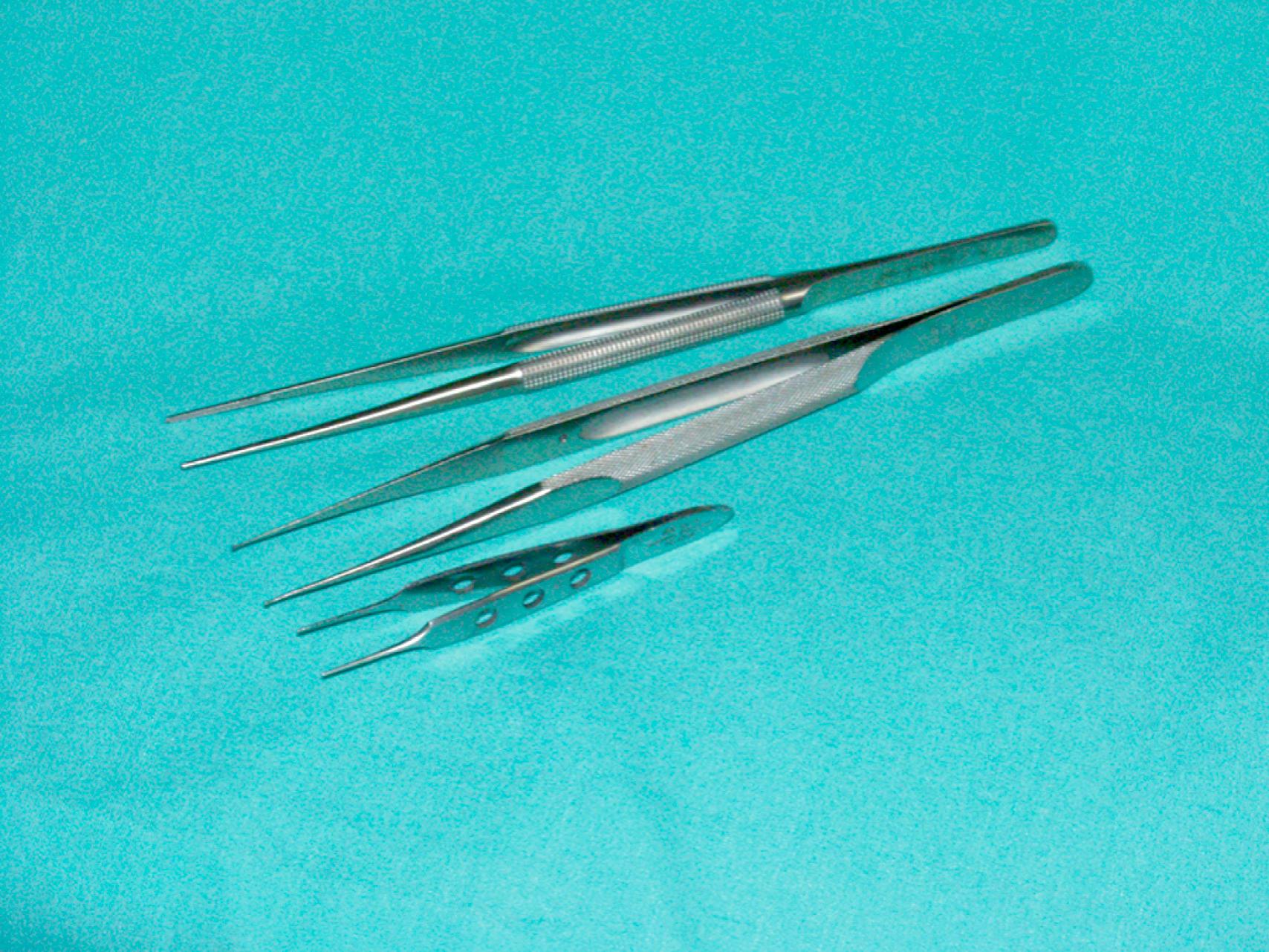 eFigure 61.14, Bottom to top, Bishop–Harmon forceps, microsuture ring-tip forceps, and fine DeBakey forceps.