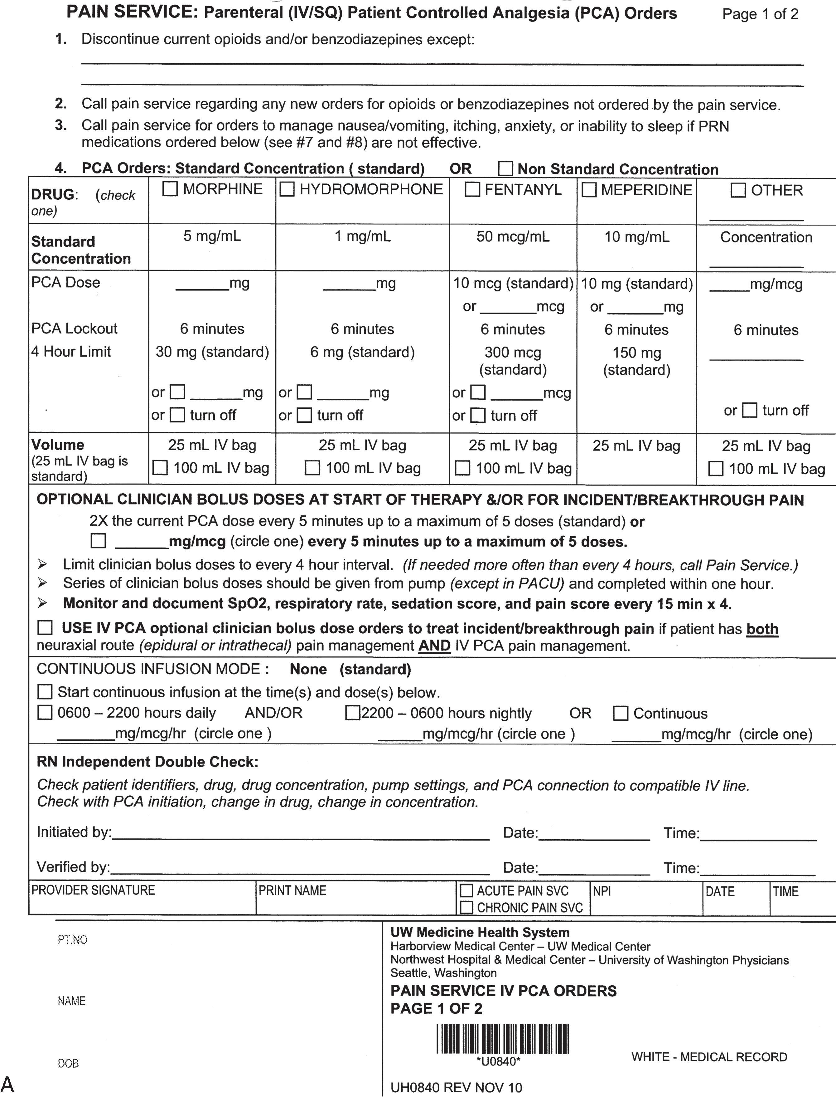 Figure 3.1, A and B, University of Washington Medical Center parenteral (intravenous/subcutaneous) patient-controlled analgesia standardized order set.