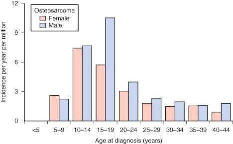 Figure 62-1, Age Distribution of osteosarcoma based on U.S. cases between 1975 and 1999.