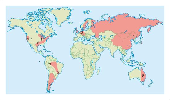 Figure 27-1, World distribution of the main Lyme disease tick vectors and identified spirochete genospecies: 1, Ioxes scapularis ( I. dammini ): Borrelia burgdorferi sensu stricto ; 2, I. pacificus : B. burgdorferi sensu stricto ; 3, I. ricinus : B. burgdorferi sensu stricto , B. garinii , B. afzelii ; 4, I. persulcatus : B. japonica ; 5, I. pararicinus ; 6, Amblyomma americanum : B. lonestari (Lyme disease-like illness); 7, A. cajennense , A. aureolatum , I. didelphidis , I. loricatus (Lyme disease-like illness); 8, I. holocyclus (Lyme disease-like illness).