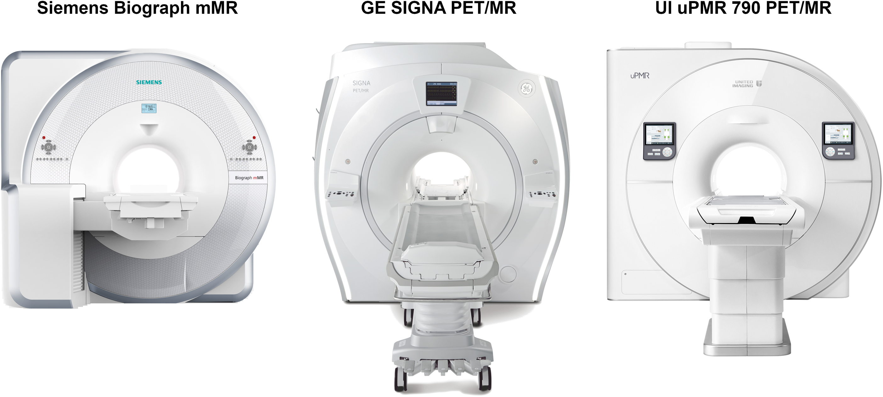 Figure 1.1, Integrated PET/MRI Scanners. Commercially available integrated PET/MRI scanners: Siemens Biograph mMR, GE Signa PET/MRI and UI uPMR790 PET/MRI.