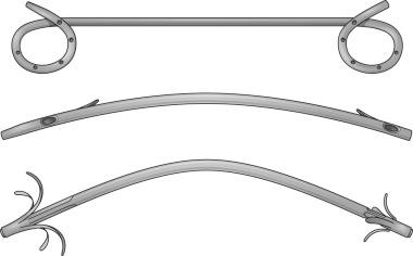 FIG 63.3, Different types of plastic endoprosthesis (from top downward) : double-pigtail stent, Amsterdam-type stent (one side hole and one side flap at each end), and Tannenbaum-type stent (without side holes and multiple side flaps at each end).