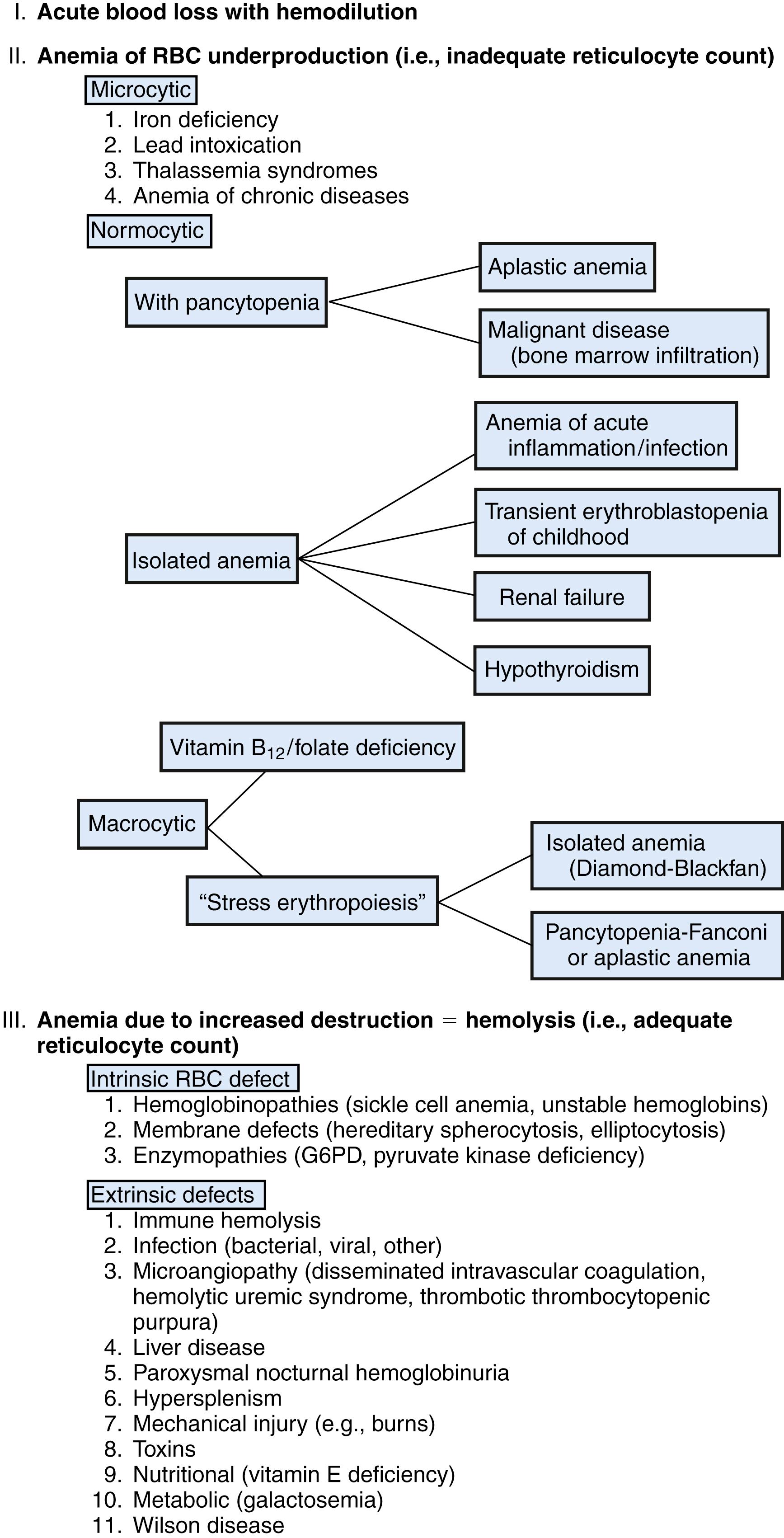 Fig. 49.4, Differential diagnosis of anemia. G6PD, glucose-6-phosphate dehydrogenase; RBC, red blood cell.