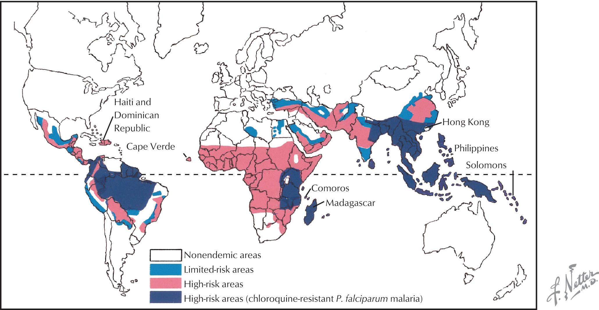 Fig. 46.1, Geographic Distribution of Malaria.