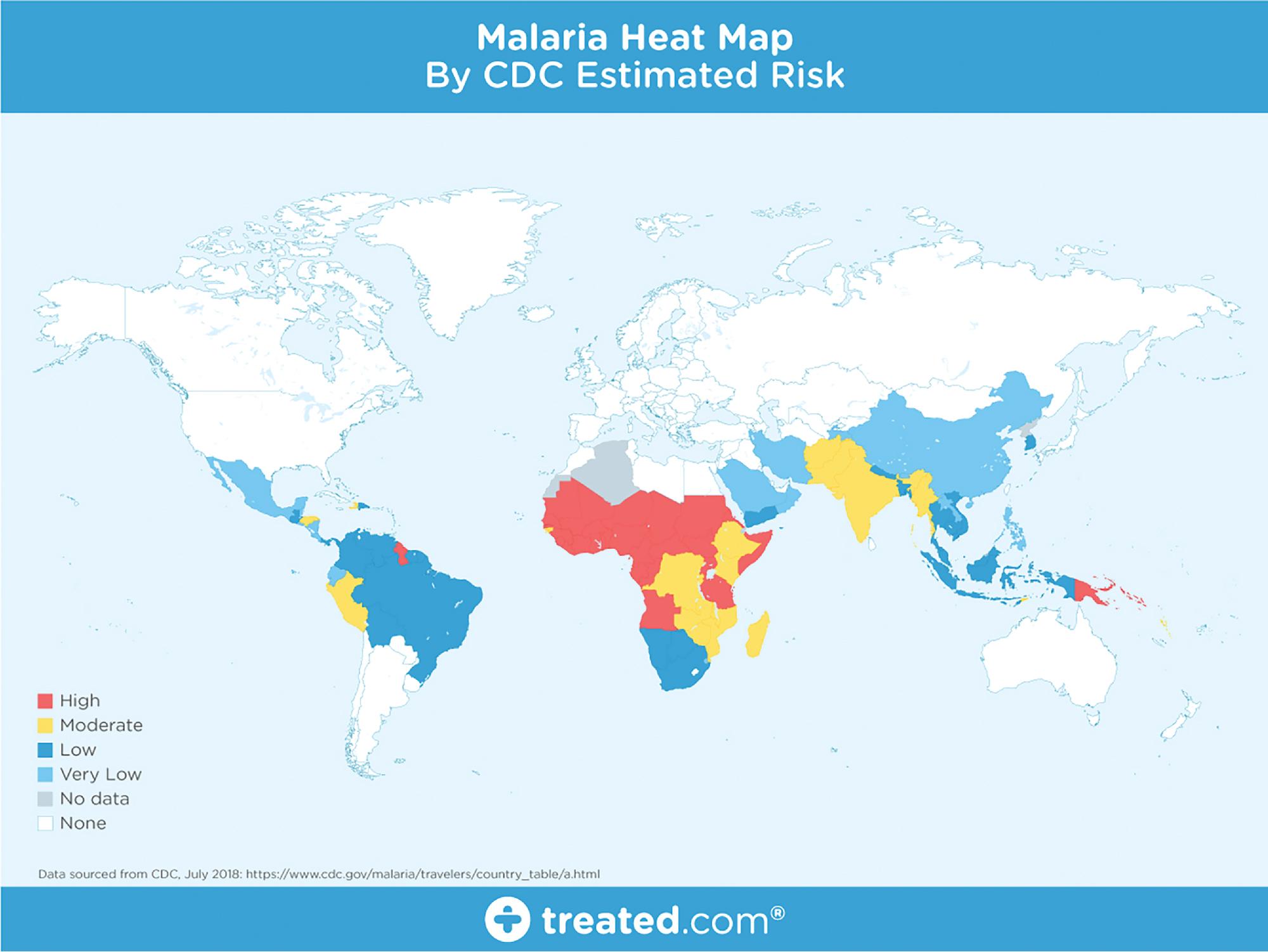 FIGURE 88.11, World malaria heat map showing estimated risk, 2019.