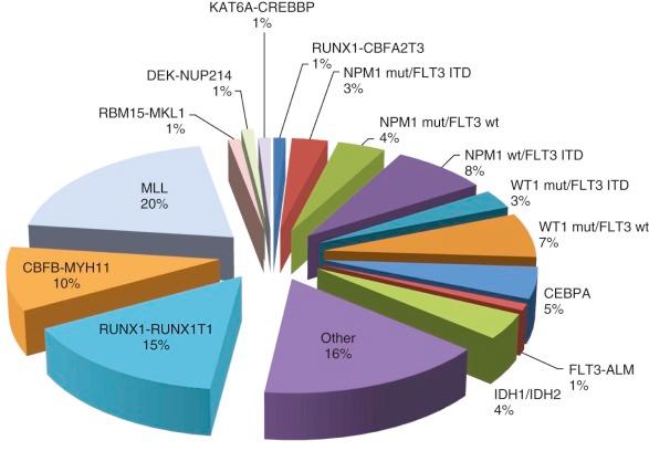 Figure 51-2, Approximate frequencies of recurrent genetic lesions in childhood acute myelogenous leukemia.