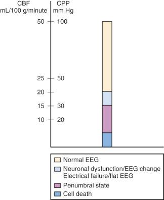 FIGURE 26.1, Cerebral blood flow ( CBF ), cerebral perfusion pressure ( CPP ), and brain ischemia. Changes in CBF and CPP affect neuronal synaptic function and cellular integrity. When CBF decreases to 15 to 20 mL/100 g per minute, there is distinct neuronal dysfunction on the electroencephalogram ( EEG ). At 15 mL/100 g per minute, the EEG is essentially flat, and electrical activity ceases to function. At 6 to 15 mL/100 g per minute, a penumbral state occurs in which there is energy for cellular integrity but insufficient energy for synaptic function. Neuronal survival is unlikely if this low CBF is allowed to persist for more than an ill-defined but critical period. At less than 6 mL/100 g per minute, there is no energy for cellular membrane integrity. Infarction occurs at this stage unless reperfusion is accomplished immediately.