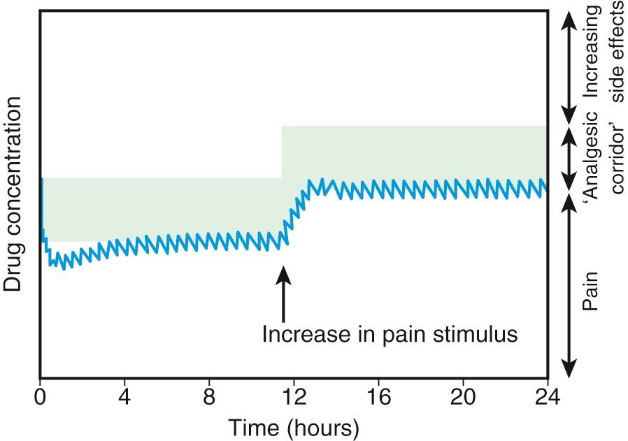 Fig. 76.3, Patient-controlled analgesia is more likely to keep blood concentrations of opioid within the “analgesic corridor” and allows rapid titration if there is an increase in pain stimulus requiring higher blood levels of opioid to maintain the analgesia.