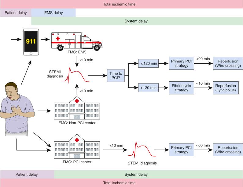 Fig. 20.9, Modes of patient presentation, components of ischemia time, and flowchart for reperfusion strategy selection in patients with ST-segment elevation myocardial infarction (STEMI) .