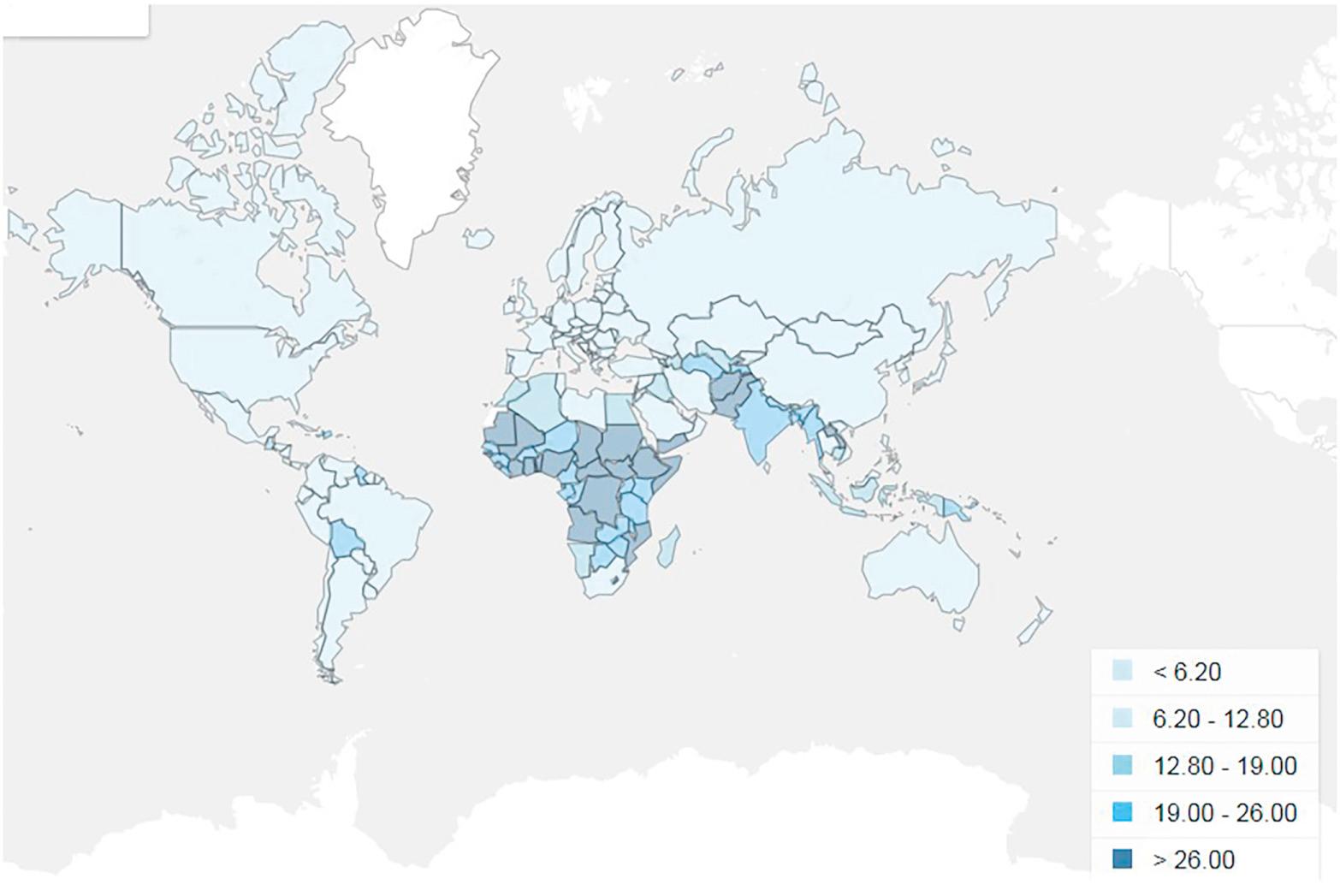 Fig. 8.3, Most recent neonatal mortality rate (per 1000 live births) estimates by country. The estimates were developed by the UN Inter-agency Group for Child Mortality Estimation (UNICEF, WHO, World Bank, UN DESA Population Division) and updated in 2017. Countries in sub-Saharan Africa have the highest neonatal mortality rates. Some countries in South and Southeast Asia also have very high neonatal mortality rates.