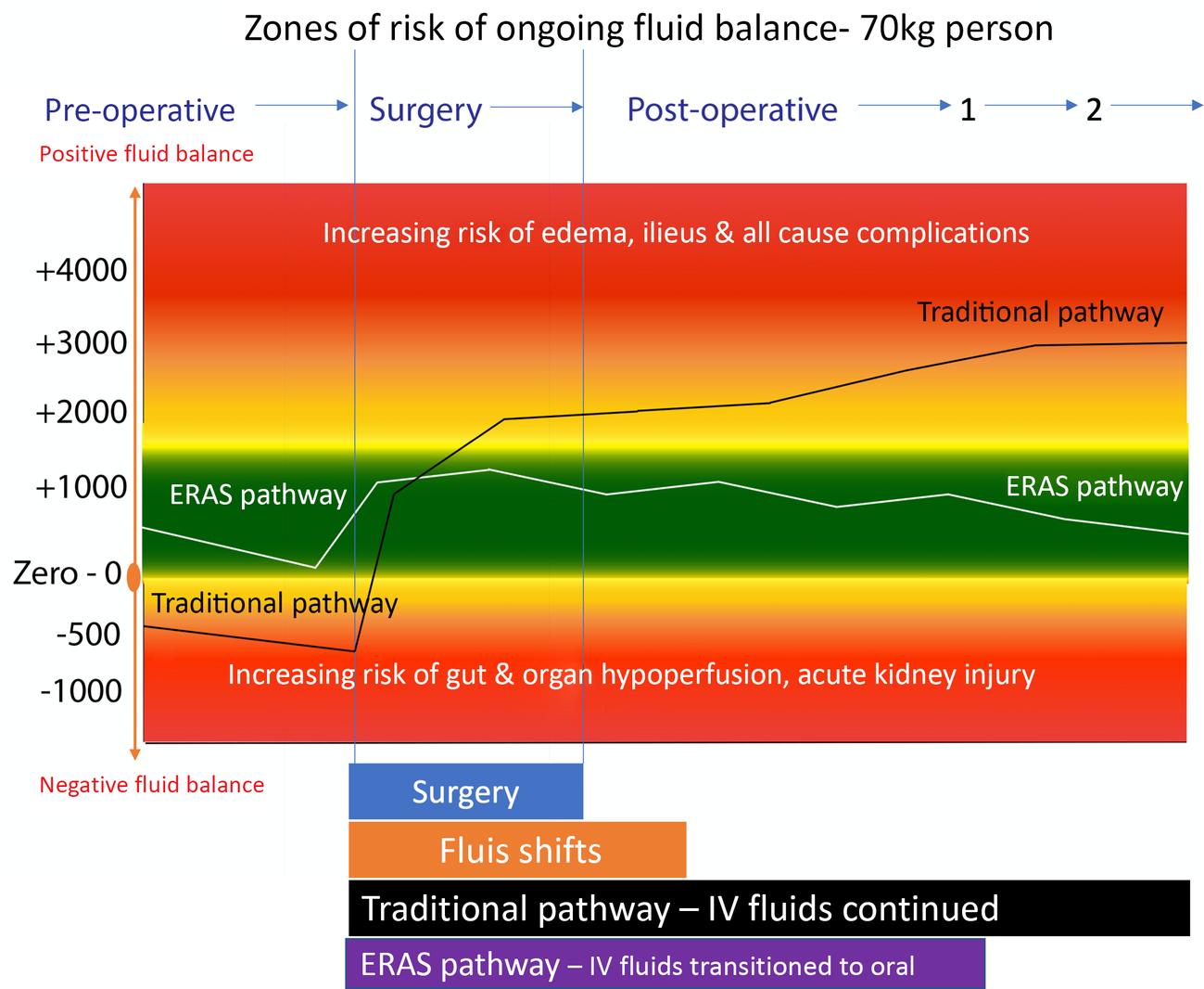 Fig. 16.4, Fluid therapy overview: traditional versus Enhanced Recovery Pathways.