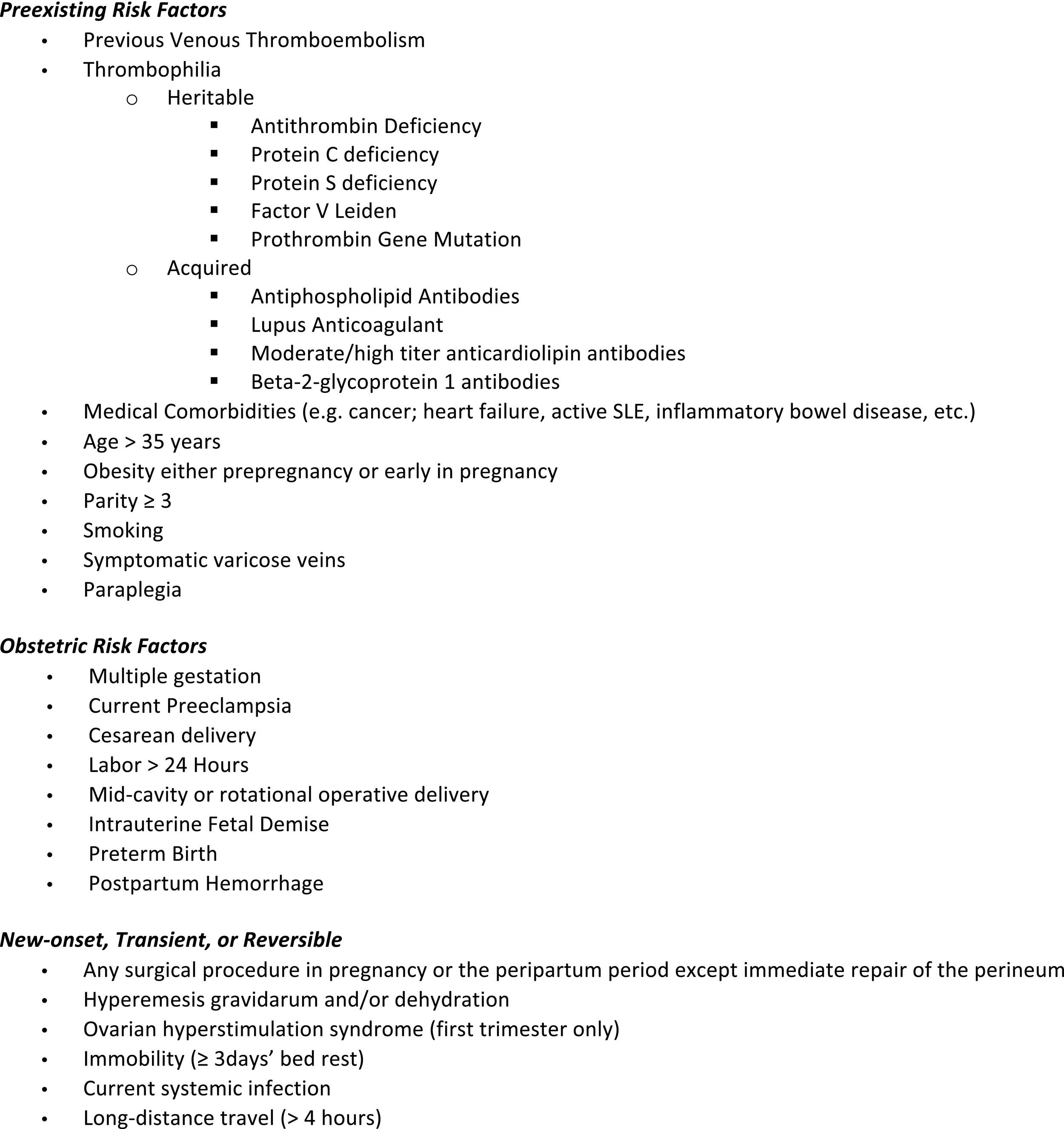 Fig. 29.4, Risk factors for venous thromboembolism in pregnancy and the peripartum period.