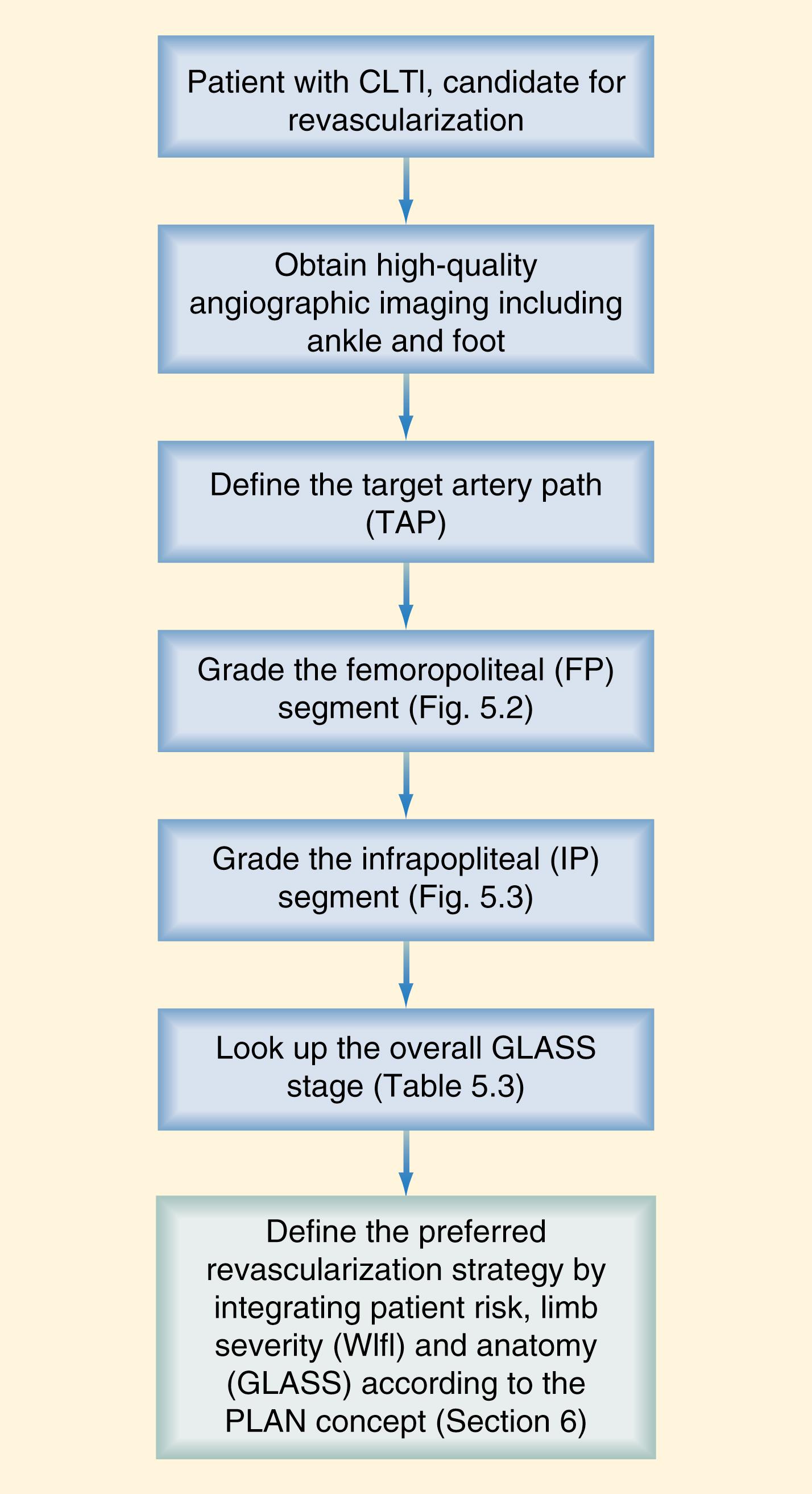 Fig. 63.10, Flow chart illustrating application of Global Limb Anatomic Staging System (GLASS) to stage infrainguinal disease pattern in chronic limb-threatening ischemia (CLTI) .(From Conte MS, Bradbury AW, Kolh P, et al. Global vascular guidelines on the management of chronic limb-threatening ischemia. J Vasc Surg. 2019;69:3S–125S e140.) FP , Femoropopliteal; IP , infrapopliteal; PLAN , patient risk estimation, limb staging, anatomic pattern of disease; TAP , target arterial path; WIfI , wound, ischemia, and foot infection.