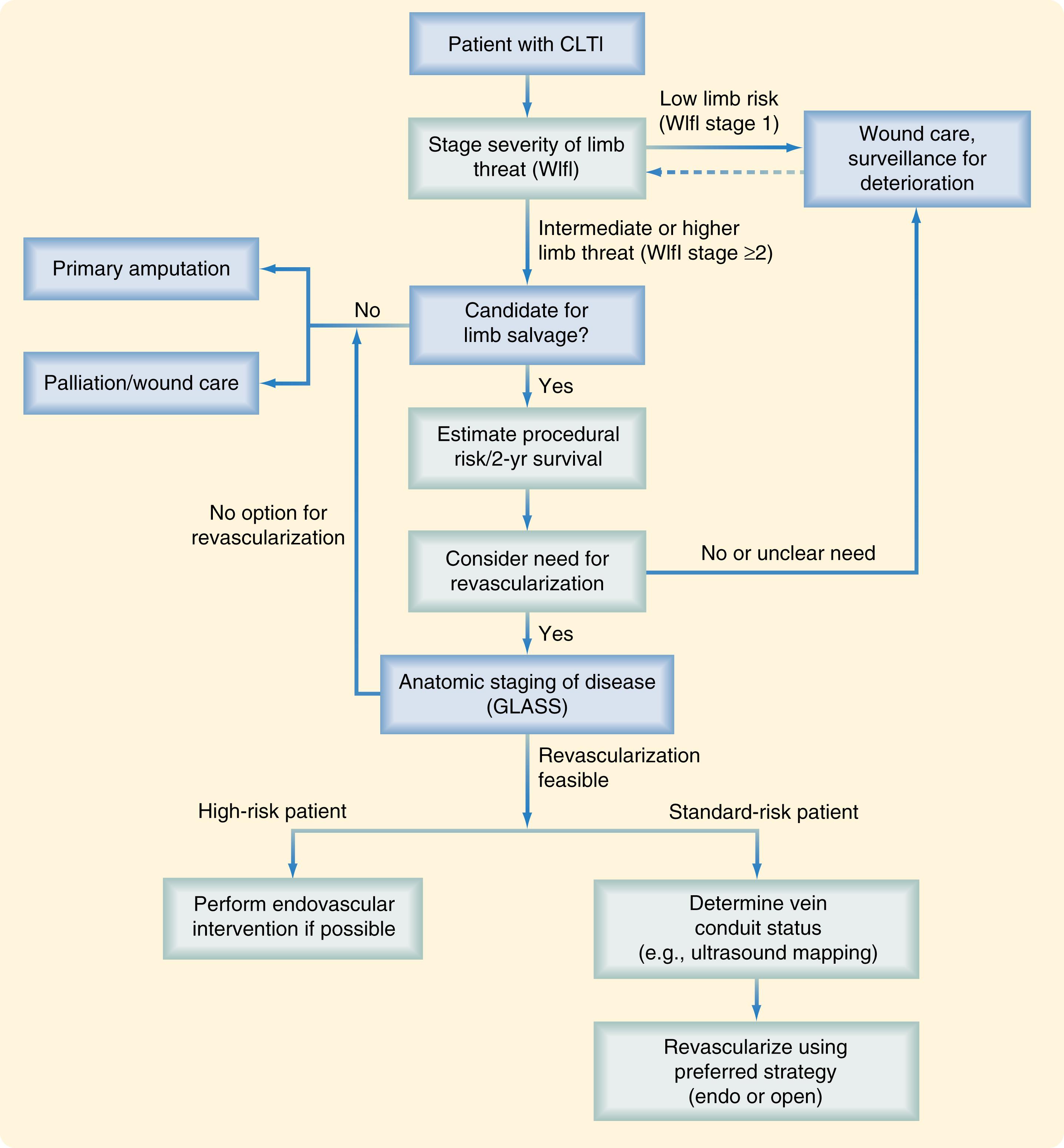 Fig. 63.11, The patient, limb, anatomy (PLAN) framework of clinical decision-making in chronic limb-threatening ischemia (CLTI); infrainguinal disease. Refer to Fig. 63.12 for preferred revascularization strategy in standard-risk patients with available vein conduit, based on limb stage at presentation and anatomic complexity. Approaches for patients lacking suitable vein are reviewed in the text.(From Conte MS, Bradbury AW, Kolh P, et al. Global vascular guidelines on the management of chronic limb-threatening ischemia. J Vasc Surg. 2019;69:3S–125S e140.) GLASS , Global Limb Anatomic Staging System; WIfI, Wound, ischemia, and foot infection.