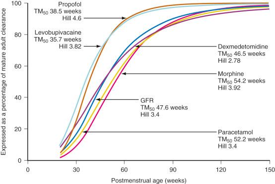 FIGURE 7.11, Clearance maturation, expressed as a percentage of mature clearance, of drugs where glucuronide conjugation (paracetamol, morphine, dexmedetomidine) plays a major role. These profiles are closely aligned with glomerular filtration rate ( GFR ). In contrast, cytochrome P-450 isoenzymes also contribute to propofol and levobupivacaine metabolism and cause a faster maturation profile than expected from glucuronide conjugation alone. Hill , Hill coefficient; TM 50 , maturation half-time.