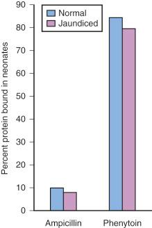 E-FIGURE 7.2, Note that in the presence of hyperbilirubinemia, many drugs that are protein bound compete with bilirubin for binding sites, resulting in both elevated unbound bilirubin and unbound drug. This interaction may lead to an increased propensity for the development of kernicterus as well as more drug available for clinical effect. This effect is particularly important for drugs that normally are highly protein bound (e.g., phenytoin) but would be of minimal importance for drugs that have low protein binding (e.g., ampicillin).