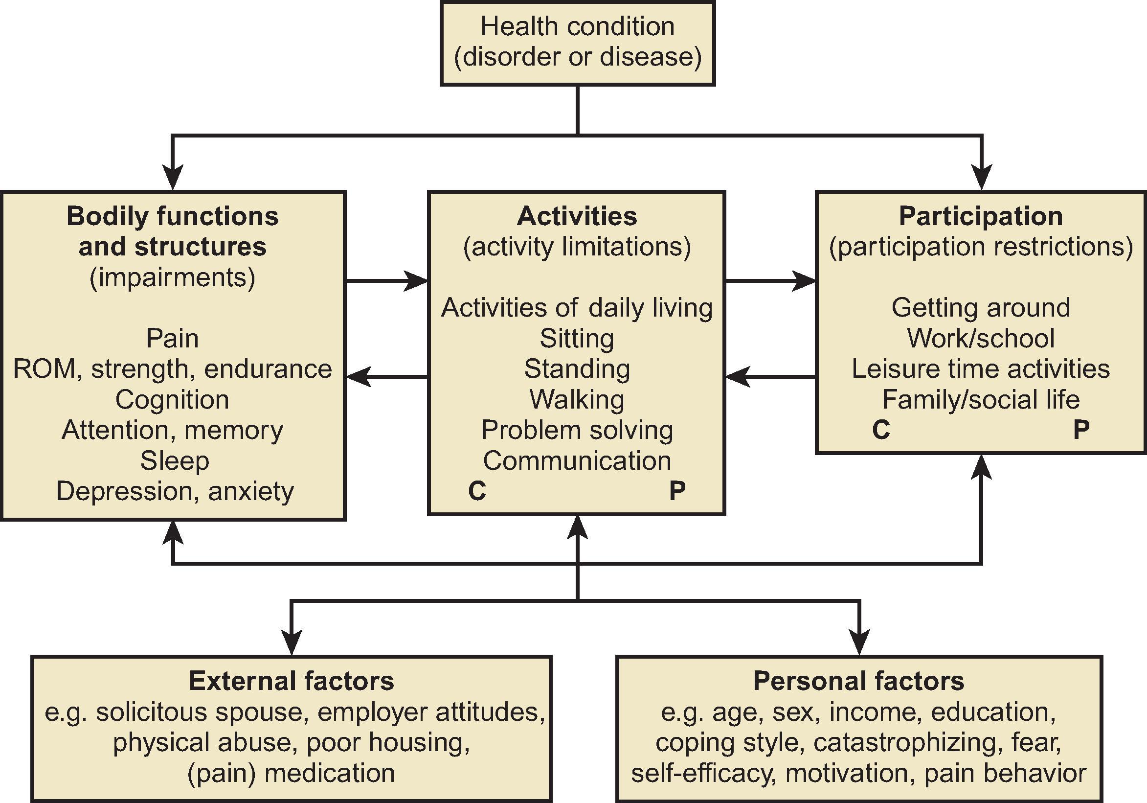 Figure 60.1, Example of International Classification of Functioning, Disability, and Health (ICF) framework. C , Capacity; P , performance; ROM , range of motion. (Adapted from Ustun TB, Chatterji S, Bickenbach J, et al. The international classification of functioning, disability and health: a new tool for understanding disability and health. Disabil Rehabil. 2003;25:565–71.)