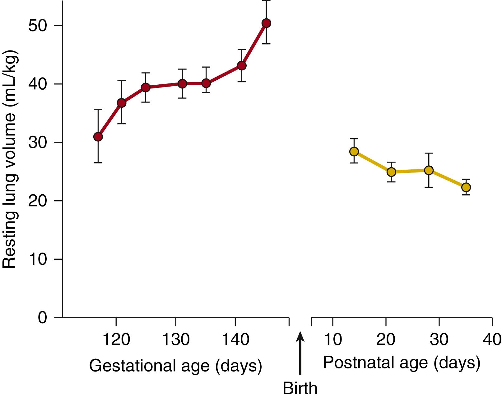 Fig. 57.1, Basal lung luminal volumes in fetal and postnatal sheep. The fetal data (red circles) are derived from measurements of fetal lung liquid volume made with a dye-dilution technique ( n = 9 to 47 at each age). The postnatal data (gold circles) are derived from measurements of end-expiratory volume (functional residual capacity), made with a helium-dilution technique ( n = 13 to 14 at each age).