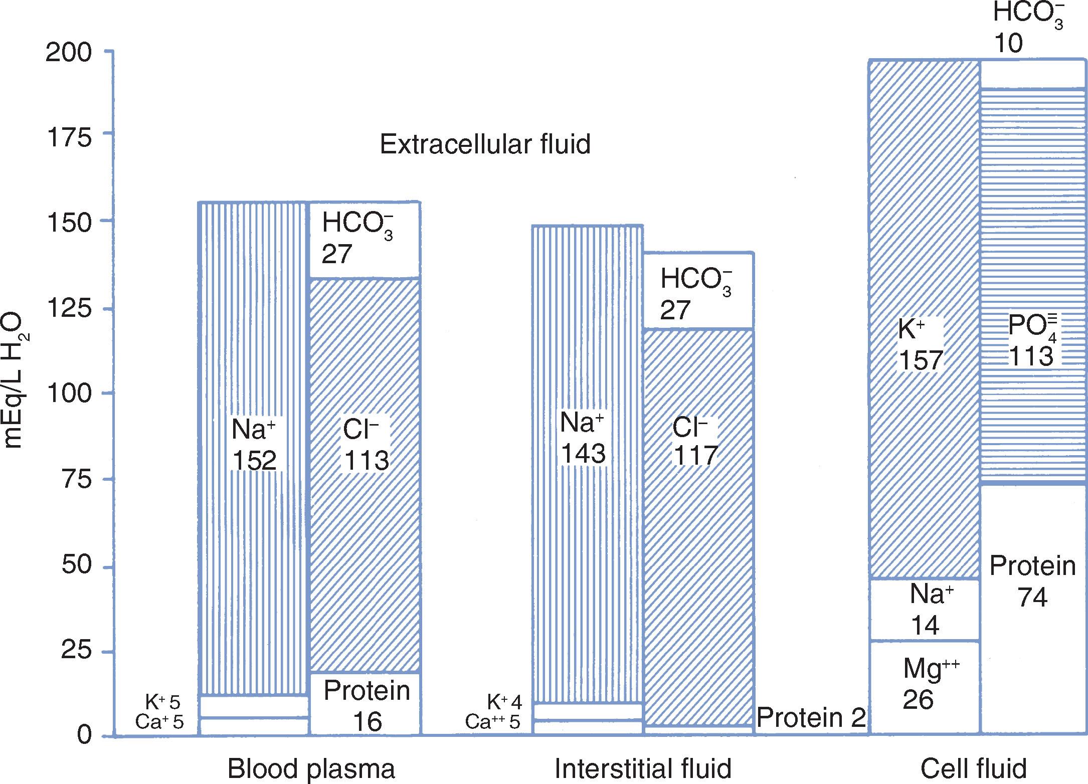 Fig. 10.1, Electrolyte composition of human body fluids.