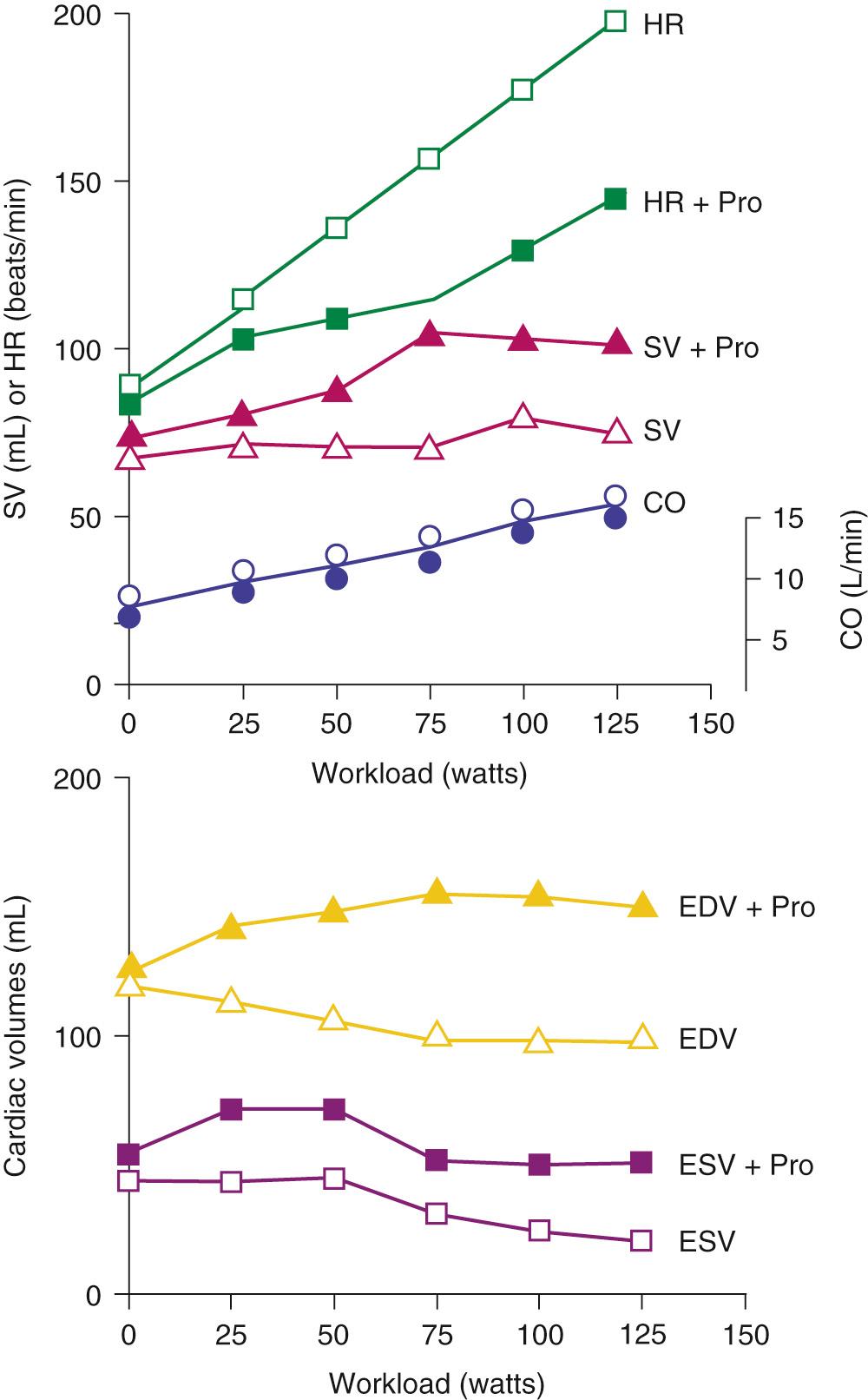 FIGURE 49-1, Dependence of heart rate (HR), cardiac output (CO), and left ventricular volumes on workload in a bout of exercise. The experiments were performed on a healthy young man before and after the administration of propranolol, a β-adrenergic blocking agent. EDV, End-diastolic volume; ESV, end-systolic volume; Pro, propranolol; SV, stroke volume.