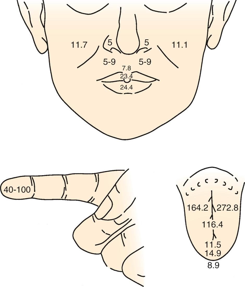 Fig. 86.1, Spatial discrimination of tactile detection thresholds from a number of studies.