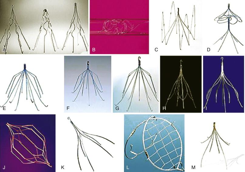 Figure 54-1, Structural design features of FDA-approved filters. A , From left to right, Boston Scientific titanium Greenfield filter, original stainless steel Greenfield filter, and low-profile stainless steel Greenfield filter; B , Cook Medical Gianturco-Roehm Bird’s Nest filter; C , Vena Tech LP filter; D , Bard Peripheral Vascular/Simon Nitinol filter; E , Bard Peripheral Vascular Recovery G-2 filter; F , Bard Peripheral Vascular Eclipse filter; G , Bard Peripheral Vascular Meridian filter; H , Cook Medical Günther Tulip filter; I , Cook Celect filter; J , Cordis Corporation OPTEASE filter; K , Argon Medical Devices Option filter; L , Crux Biomedical Vena Cava Filter; M , ALN International Inc Optional filter.