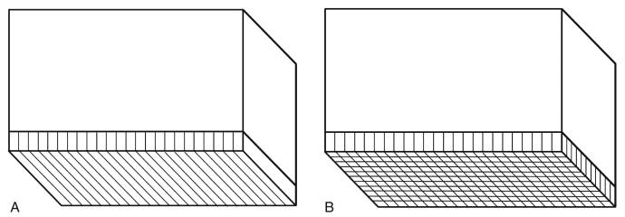 F igure 1-8, Two-dimensional matrix probe. A, View of a conventional array probe shows a row of rectangular-shaped crystal elements. B, Similar view of a matrix probe shows rows and columns of small crystal elements.