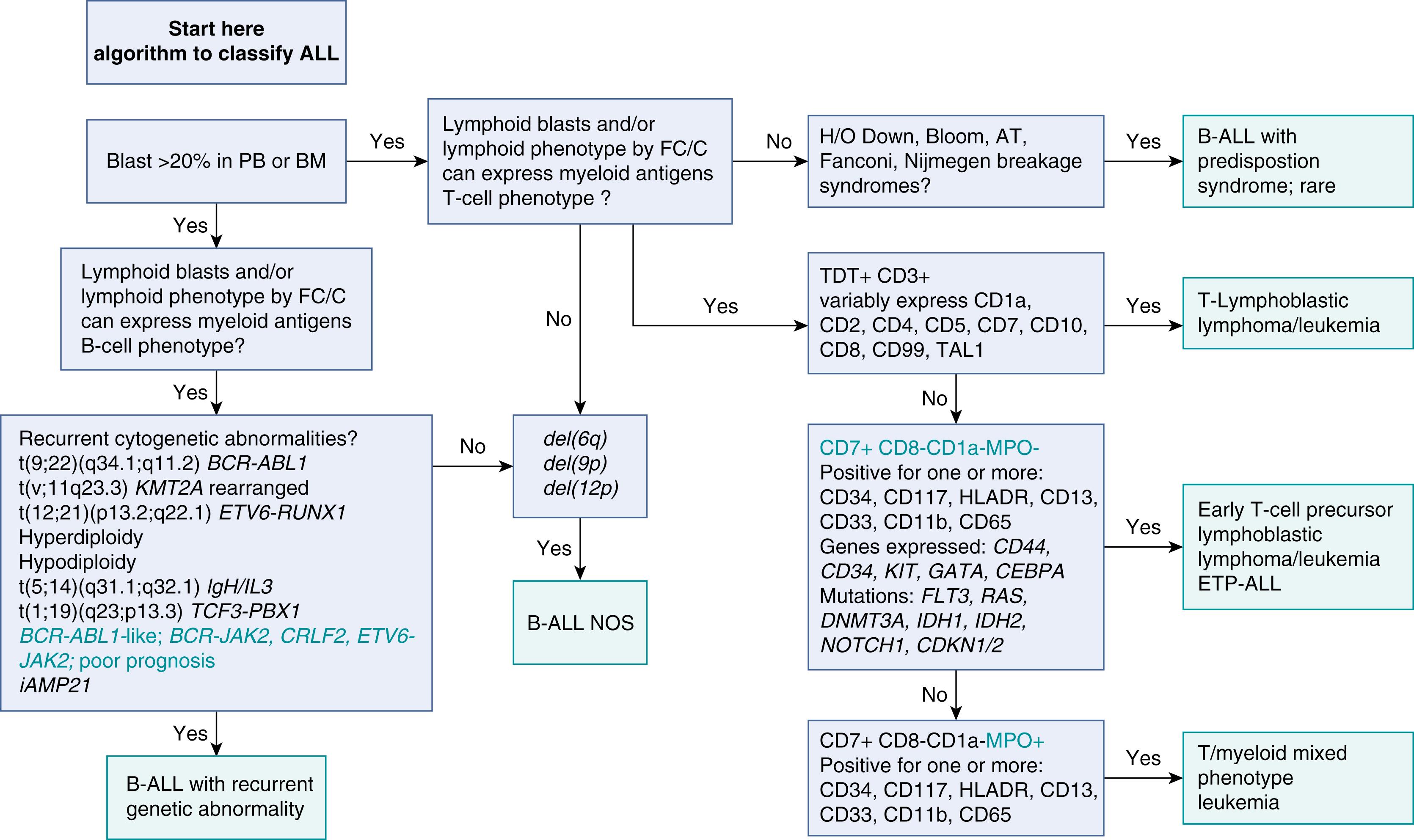 Fig. 9.2, Diagnostic algorithm for acute lymphoblastic leukemia/lymphoma. ALL, acute lymphoblastic leukemia/lymphoma; AT, ataxia telangiectasia; B-ALL, B-cell ALL; BM, bone marrow; FC/C, flow cytometry/cytochemistry; H/O, history of; PB, peripheral blood; TDT, terminal deoxynucleotidyl transferase.