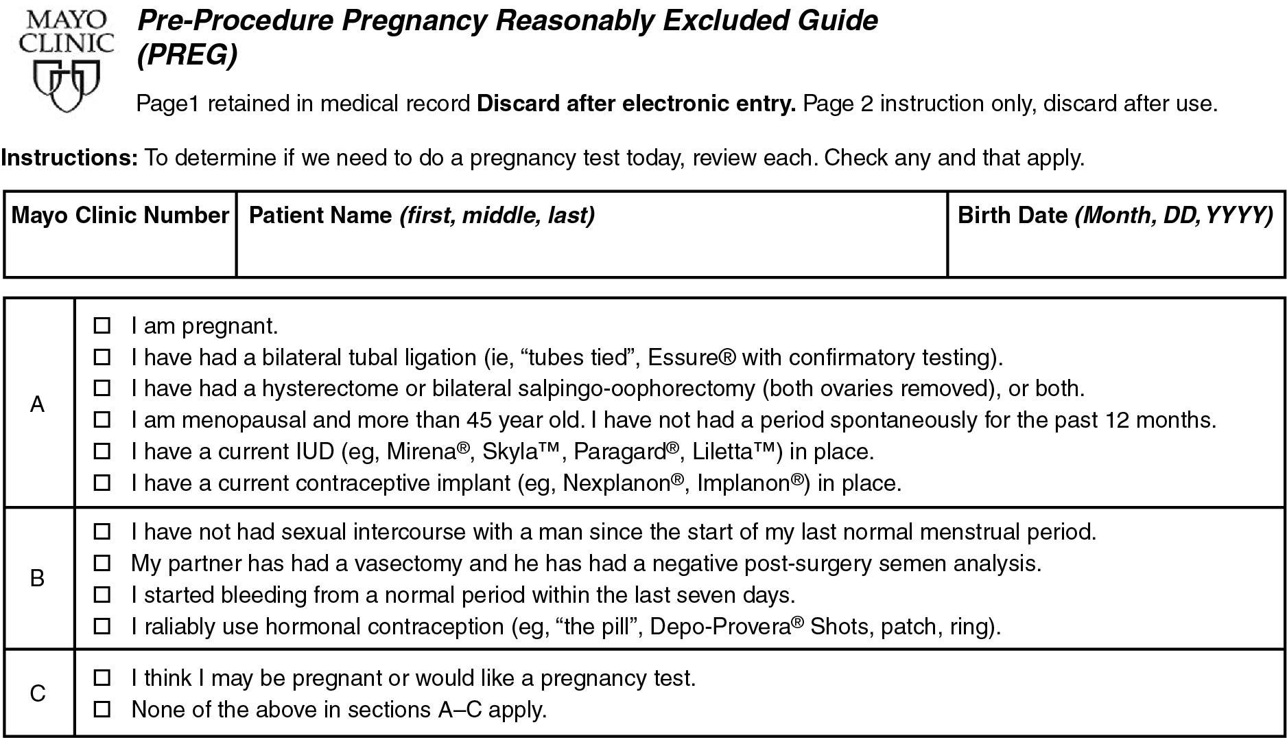 Fig. 24.2, Pre-Procedure Pregnancy Reasonably Excluded Guide (PREG). This guide is an effective history-based pregnancy screen that can be used on the day of surgery for women 18 years and older. IUD, Intrauterine device.