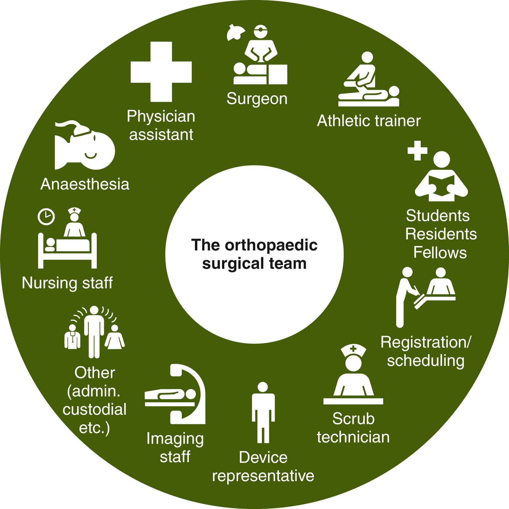 Fig. 39.3, Members of the orthopaedic surgical team come from a variety of different backgrounds and disciplines, all of which are required for operative success.