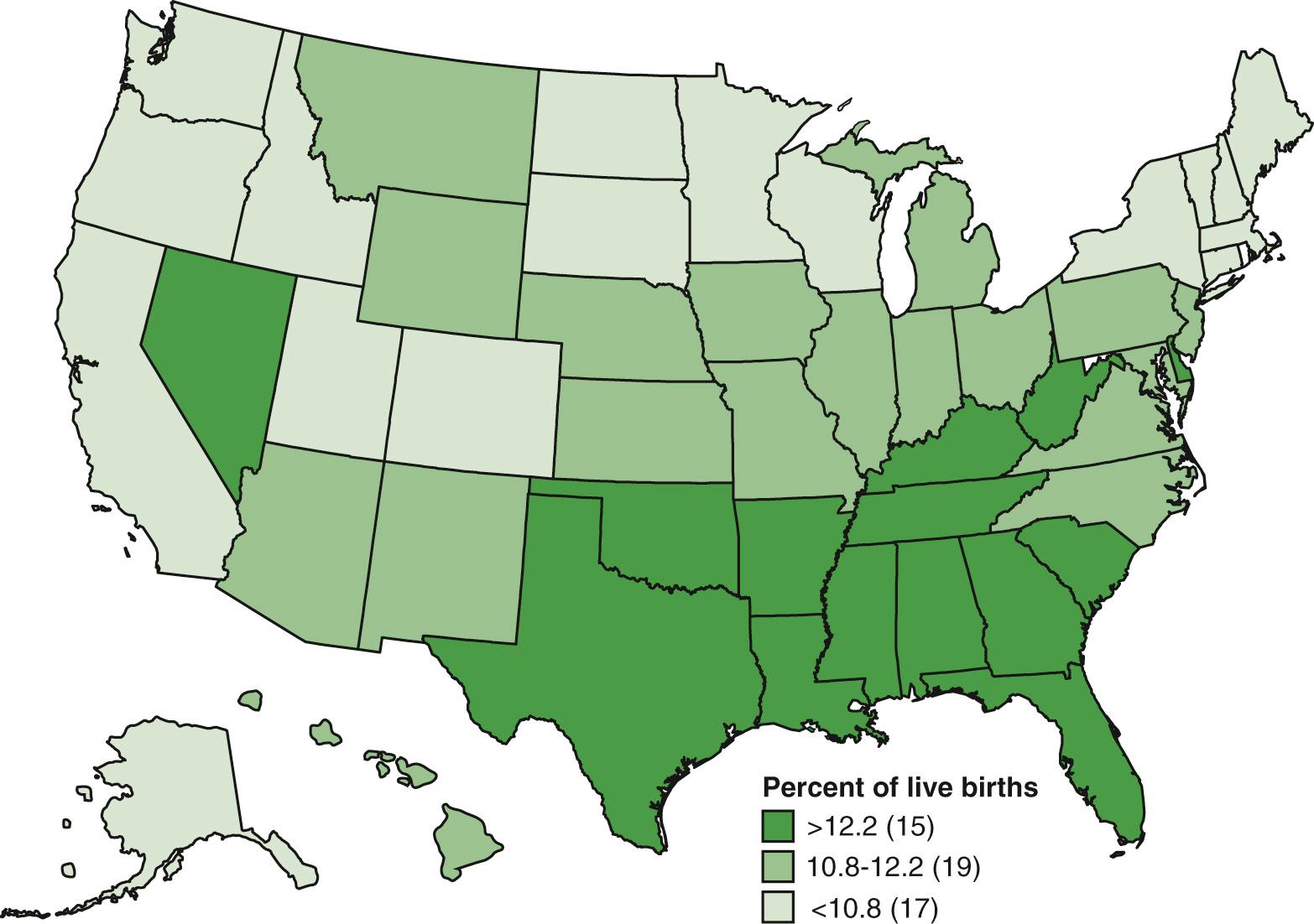Fig. 36.2, Percentage of Live Preterm Births in the United States by State, 2013.