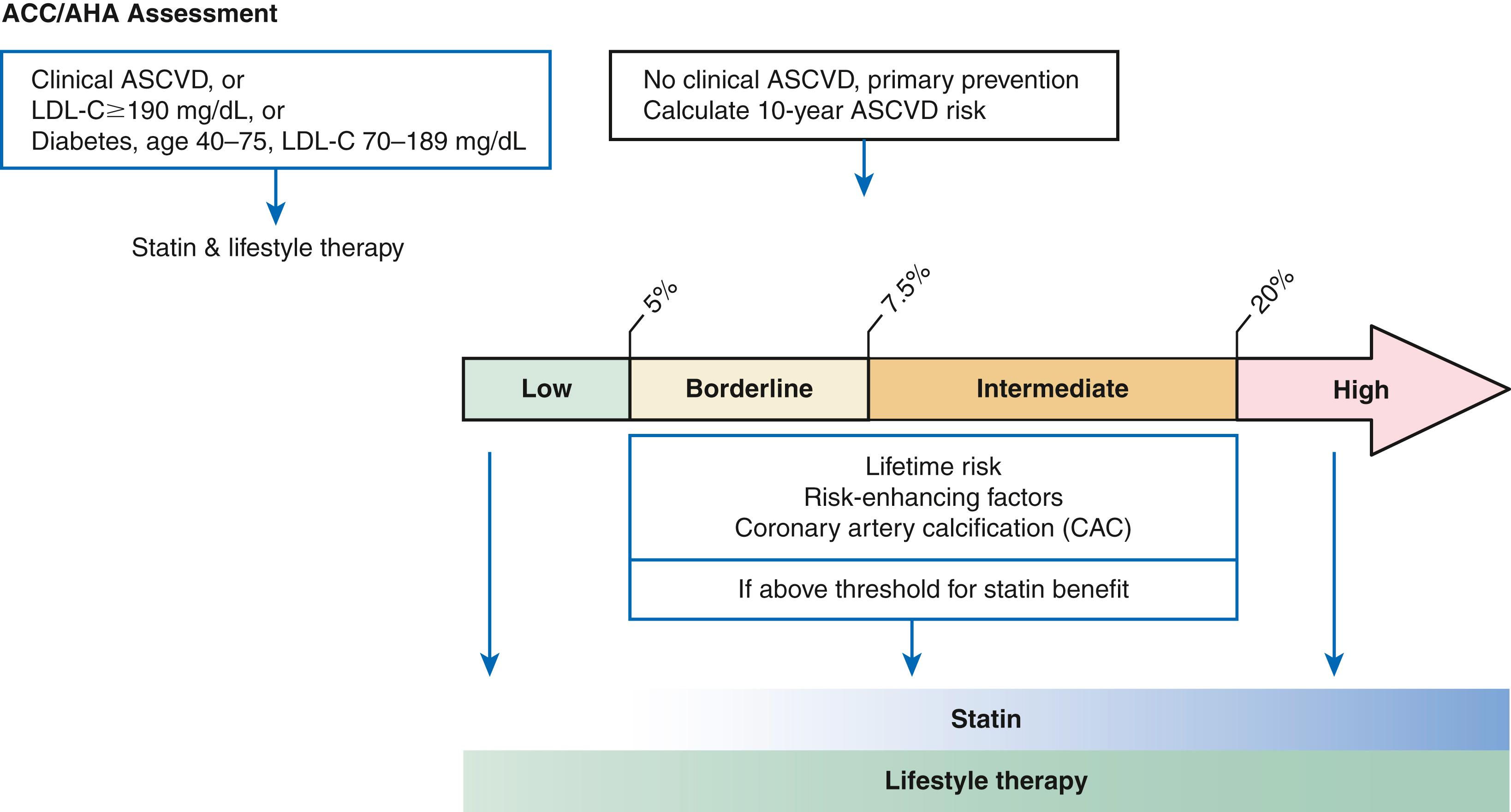 FIGURE 25.3, The 2018/2019 American College of Cardiology (ACC)/American Heart Association (AHA) assessment for risk of atherosclerotic cardiovascular disease (ASCVD) uses the Pooled Cohorts Equations for adults aged 40 to 79 years to calculate the 10-year absolute risk of ASCVD to guide discussions regarding lifestyle and statin treatment. LDL-C , LDL cholesterol.